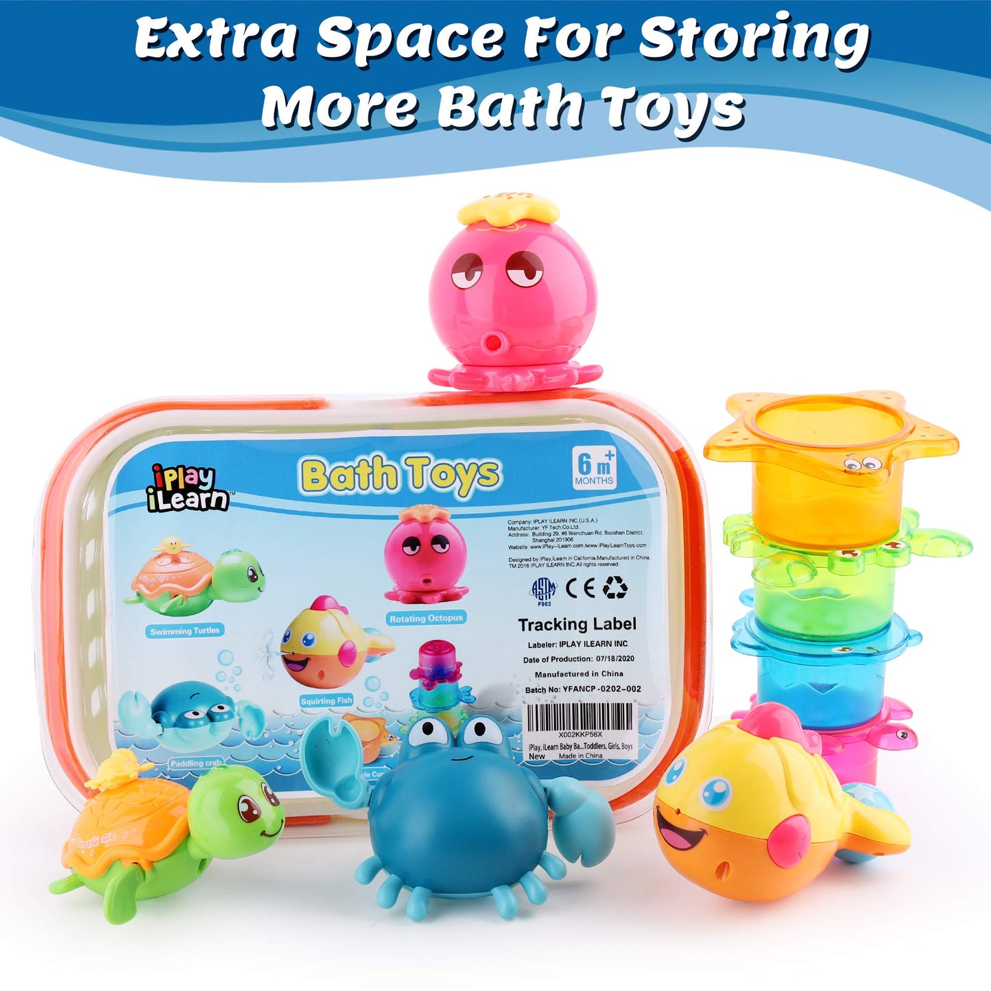 Iplay, Ilearn Baby Bath Toys W/ Organizer, Water Squirting Octopus, Wind Up Swimming Turtle, Bathtub & Shower, Stacking Cups, Gift For 6, 9, 12, 18 Months 1, 2, 3 Years, Toddlers, Girls, Boys & Kids