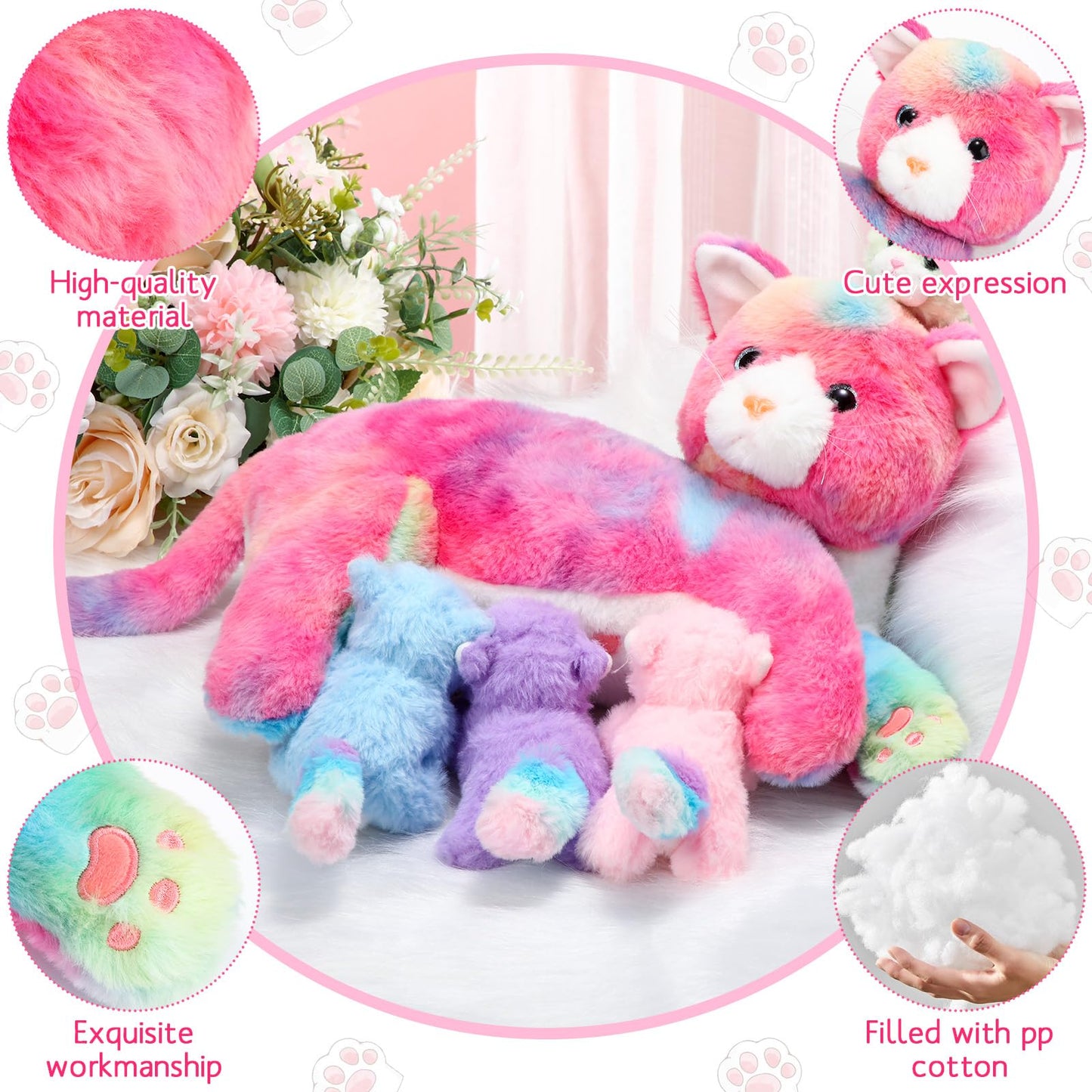 Skylety Nurturing Cat Stuffed Animal With 4 Plush Kittens, Cat Baby Stuffed For Girls And Boys Plushy Mommy Kitty With Baby Kittens For Birthday Party Favors Gifts(Novelty Style)