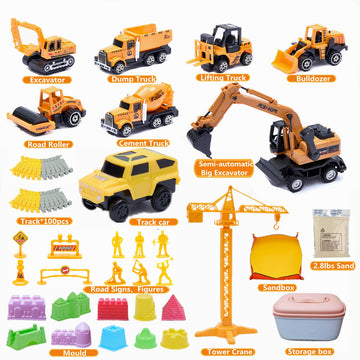 Fweir Play Construction Sand Kit,4 in1 Sandbox 2.8lbs Magic Sand 8 Alloy Construction Trucks 100 pcs Race Tracks 10 Sand Molds 1