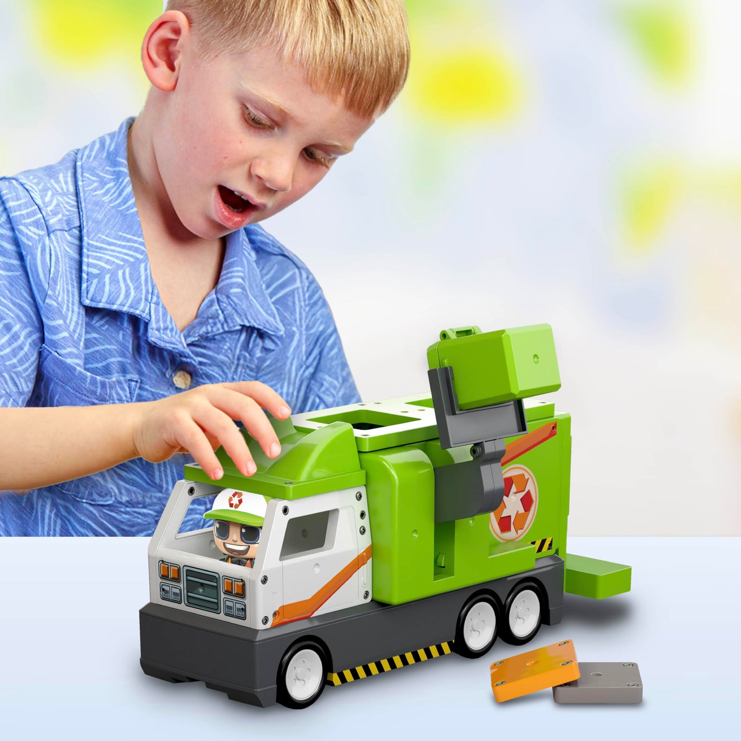 Tile Town Recycling Truck 15-Piece Magnetic Tile Playset, Interactive Stem Magnetic Tiles Toys, Includes 1 Action Figure And 2 A