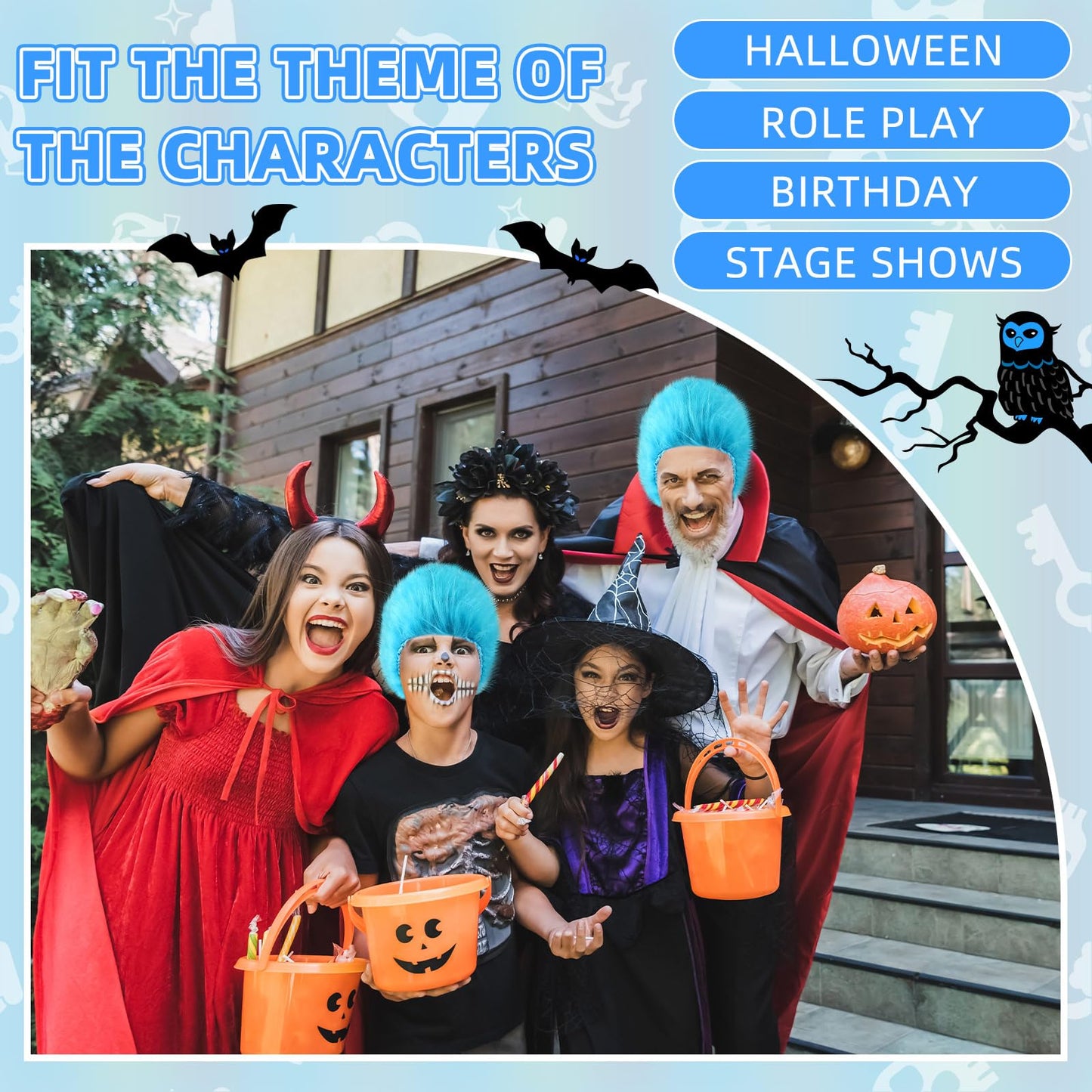 Xunyee 4 Pieces Blue Fuzzy Wig Funky Clown Crazy Hair Wig Character Cosplay Costume Accessories For Kids Teens 100Th Day Of Scho