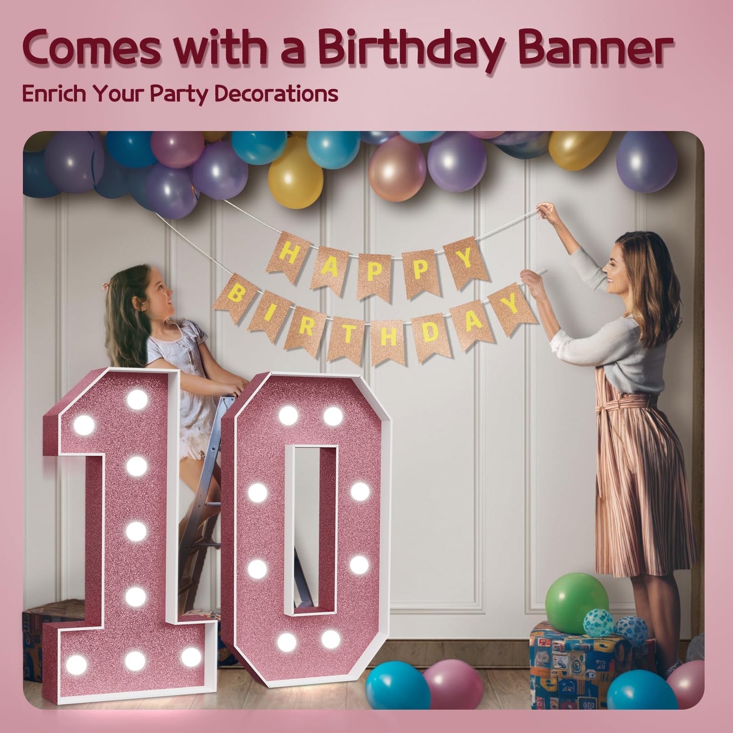 Marquee Numbers Pink 10Th-Birthday Decorations: Large 3Ft Light Up Number Rose Gold 10 Birthday Decoration For Boy Girl Ten Year
