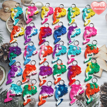 30Pcs Rainbow Bulk Dolphin Shape Mini Pop Keychain Toys For Kids Summer Party Favors Gifts, Prizes, Small Sensory Simple Tie-Dye