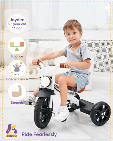 KRIDDO Kids Tricycle 12 Inch, Puncture Free Wheel, Adjustable Seat, White, Gifts for 2-5 Year Olds