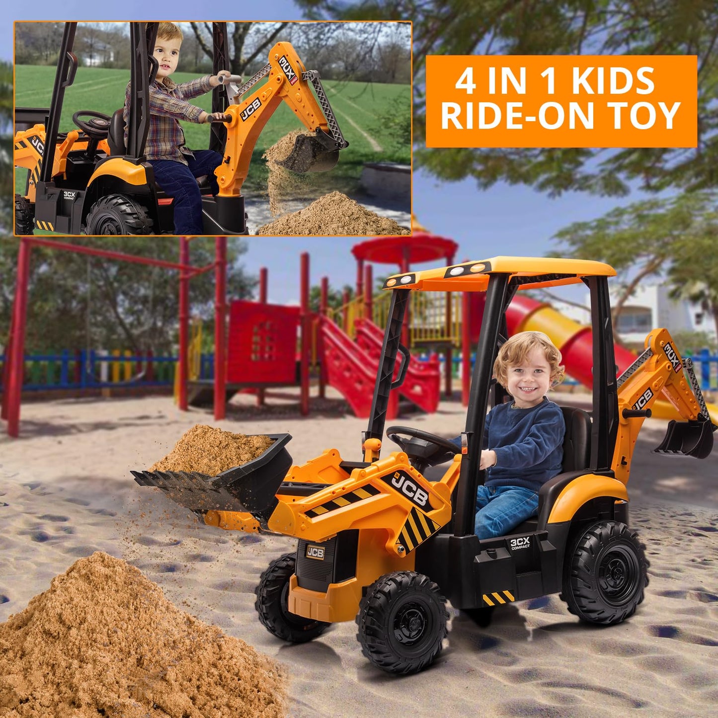4 In 1 Ride On Excavator, 12V Licensed Jcb Excavator Ride On Toy With Remote Control, Front Loader, Horn And Eva Tires, 4 Transf
