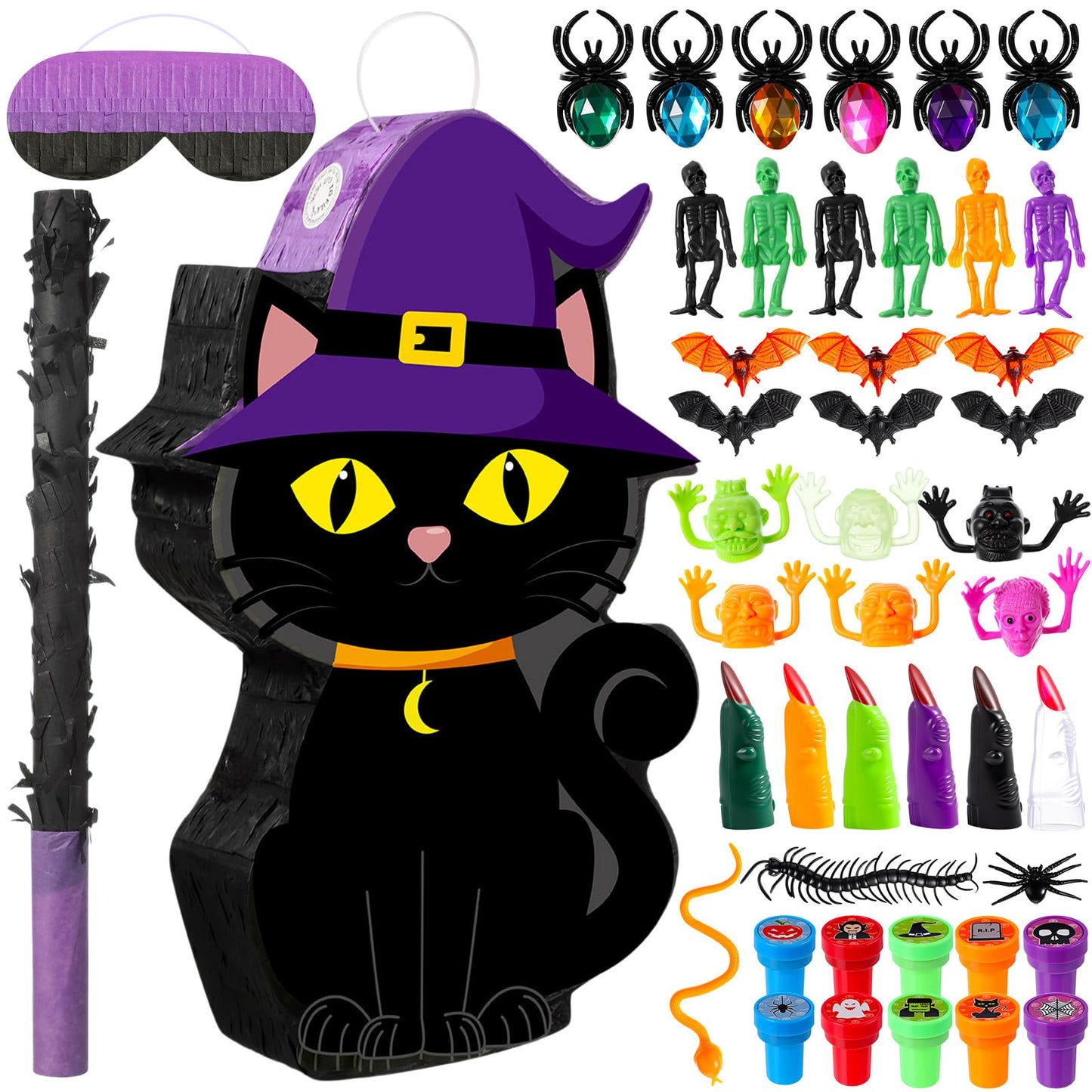 Civaner 52 Pcs Halloween Game Set Black Cat Piata Scary Cat Piata with Stick Blindfold and Horrible Halloween Toys Bulk for Scar
