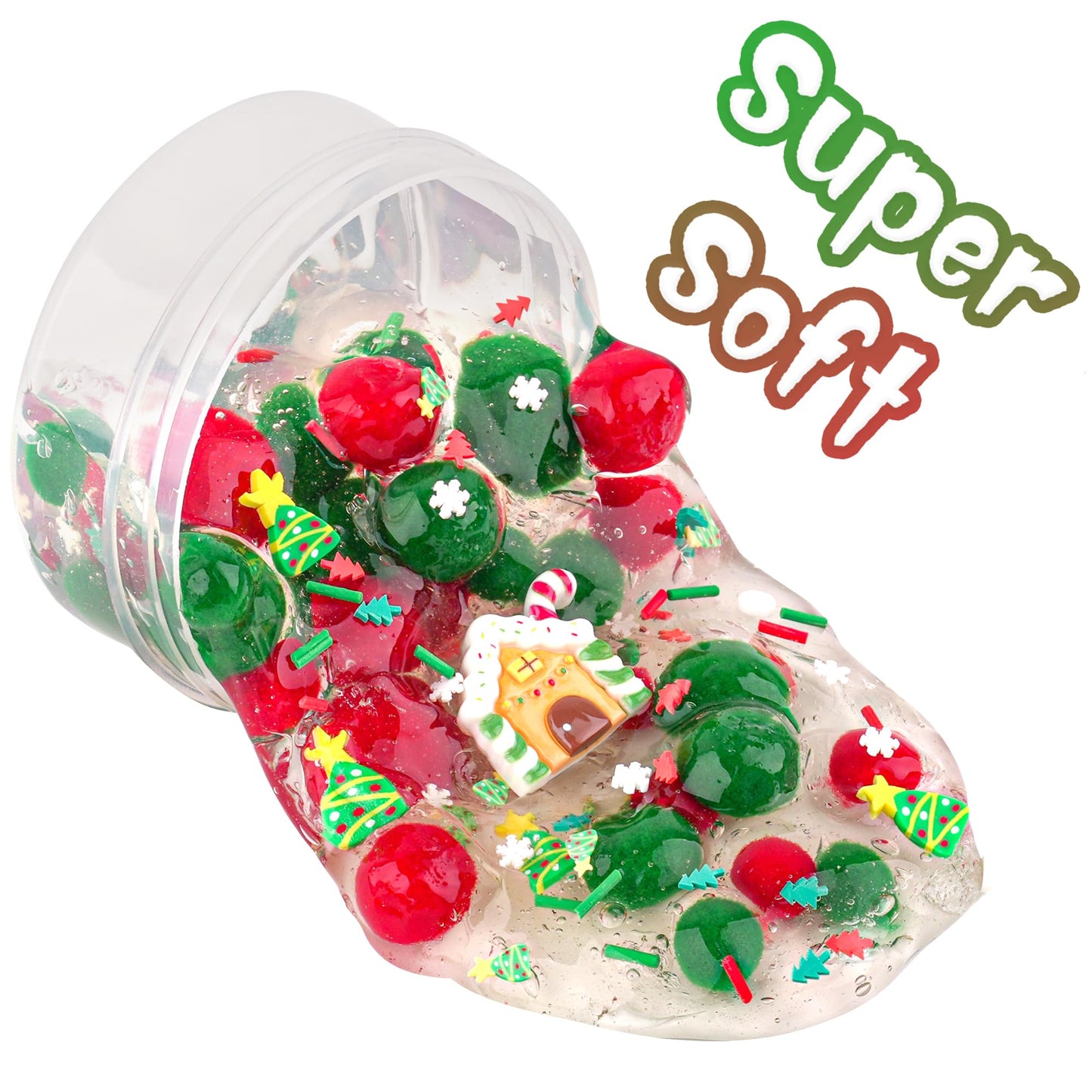 Gingerbread House Green & Red Pom-Poms Clear Slime, Good Stretchy Premade Slime, Slime Party Favors For Kids, Sensory Toys Girls