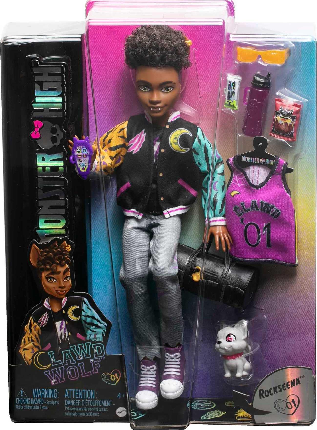 Monster High Clawd Wolf Doll with Gargoyle Pet, Casketball Jersey, Black, Model HNF65