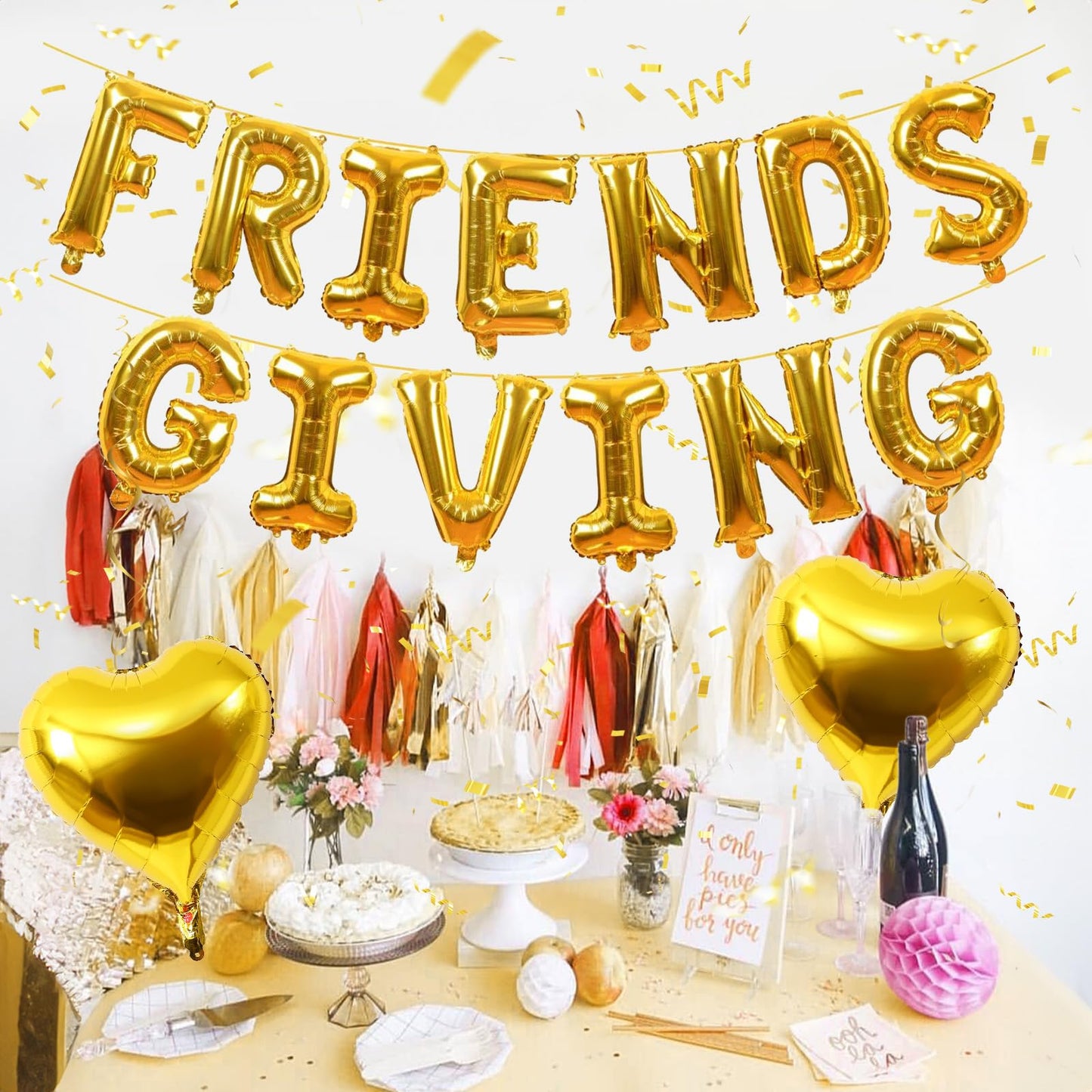 Jobkoo Friendsgiving Balloons Friends Giving Party Decorations 16 Inches Tall Gold Heart Friendsgiving Foil Mylar Balloon Letter