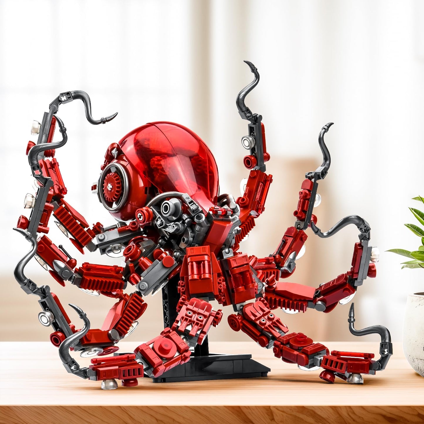 XITALAXU Mechanical Octopus Building Set - 882PCS Large Plastic Toy with Display Stand & Light, Red Ocean Animal Decor for Adults & Teens