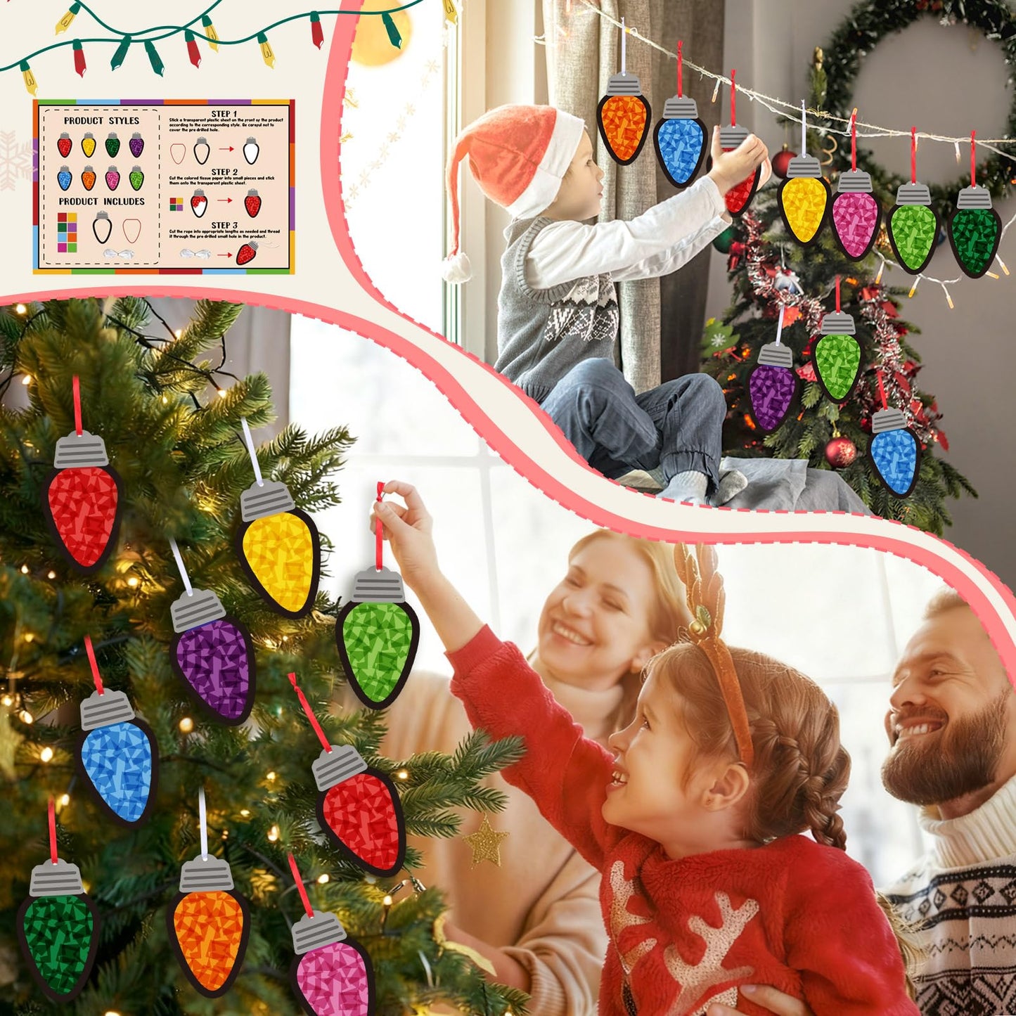 Funrous 32 Set Christmas C9 Lights Suncatchers Crafts Kit Xmas Colorful Light Bulbs Craft Tissue Paper Sign DIY Hanging Ornament