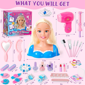 Svmk Hair Styling Doll Head Makeup For Girls Toys Kids Practice Pretend Play Beauty Set With Hairdryer Curling Iron Crown Brushe