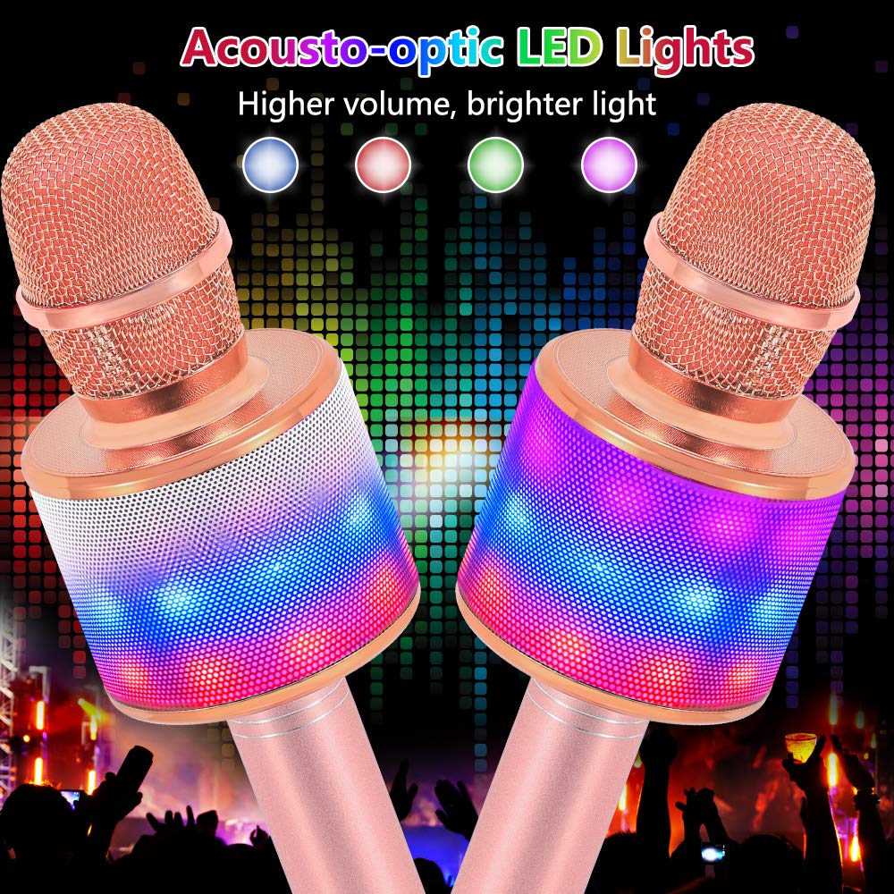 Amazmic Karaoke Microphone For Adults, Wireless Bluetooth Microphone For Singing Portable Karaoke Machine Handheld With Led Lights, Gift For Kids Adults Birthday Party, Home Ktv(Rose Gold)