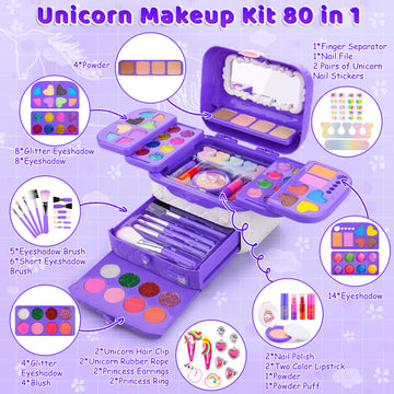 80 in 1 Kids Makeup Kit for Girls, Washable Kids Makeup Sets Girls Toys, Pretend Play Makeup Set Toy for Dress Up with Makeup Ca