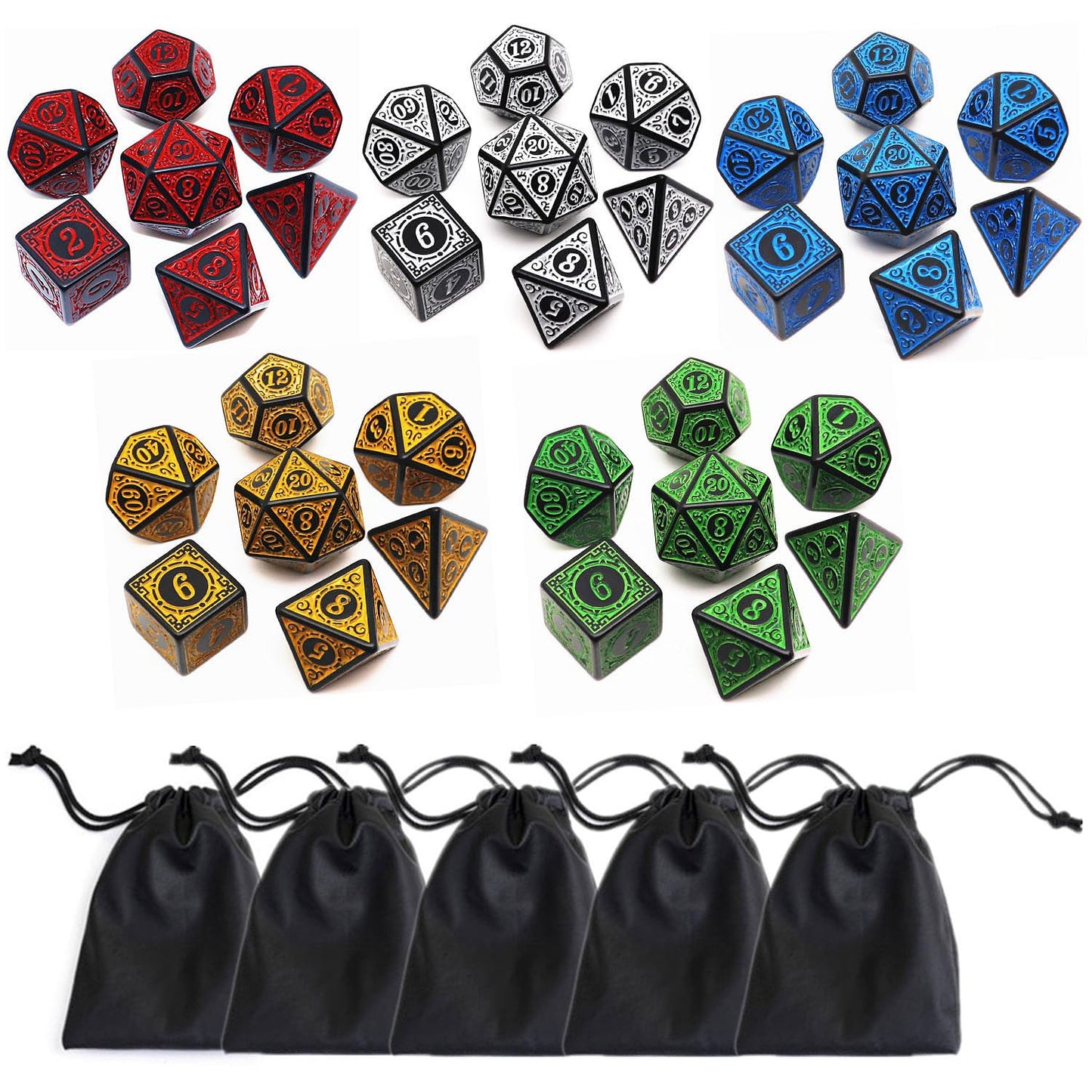 CREEBUY Polyhedral DND Dice Set, 5 Pack Dice Sets Fit for Dungeons and Dragons D&D RPG Games 7-Die Polyhedral Dice with Vintage