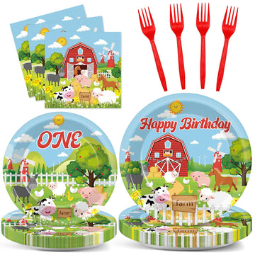 Gisgfim 96Pcs Farm Animals Theme Birthday Party Supplies Barnyard 1St Birthday Paper Plates Napkins Cow One Farmhouse Birthday T