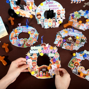 Hollowfly 48 Sets Christmas Nativity Crafts Kits Religious Jesus DIY Wreath Signs Hanging Ornaments Make Your Own Nativity Scene