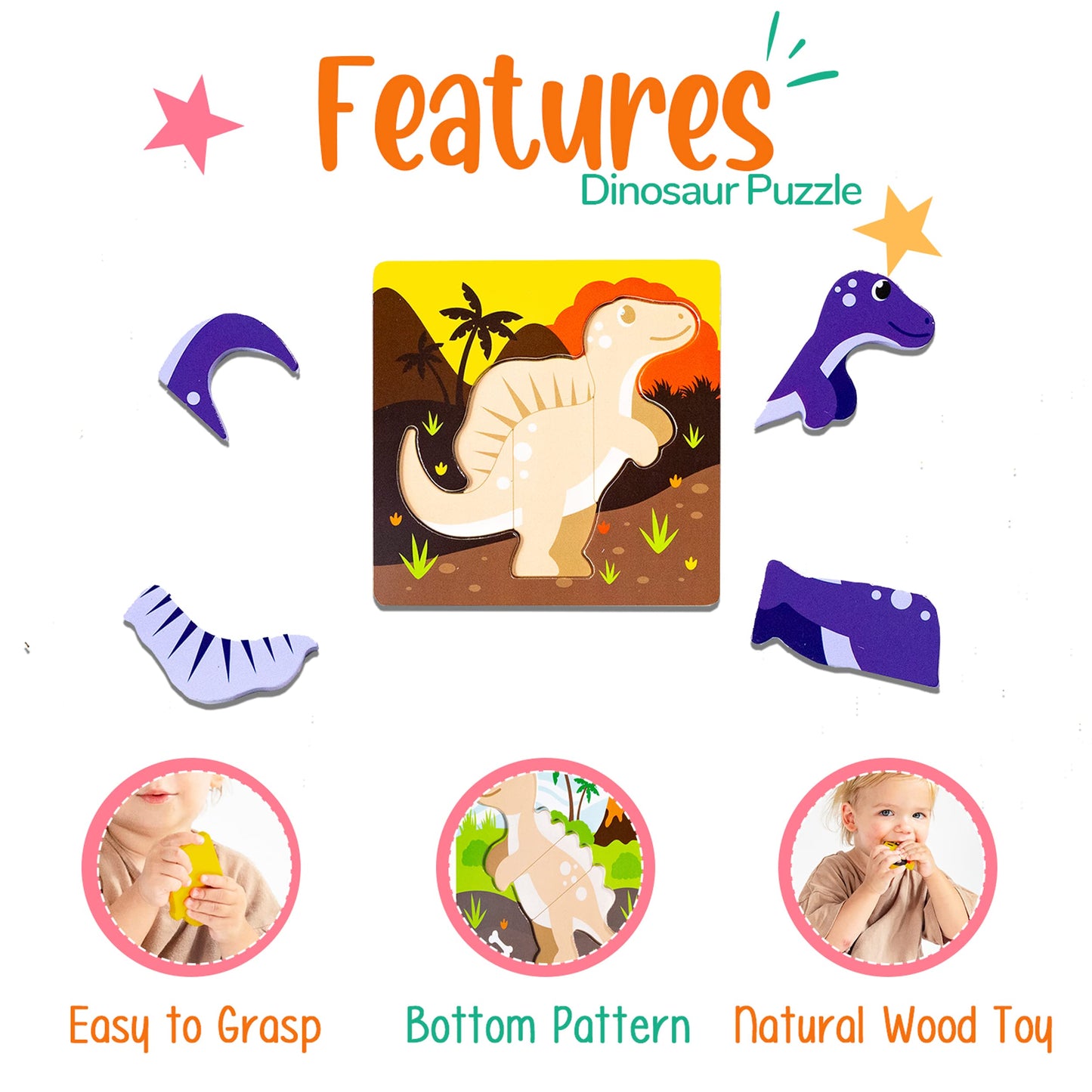 Klevly 6 Pk Dinosaur Wooden Toddler Puzzles Ages 2-4 | Wooden Puzzles For Toddlers 1-3 | Montessori Toys For 2 Year Old | Learni