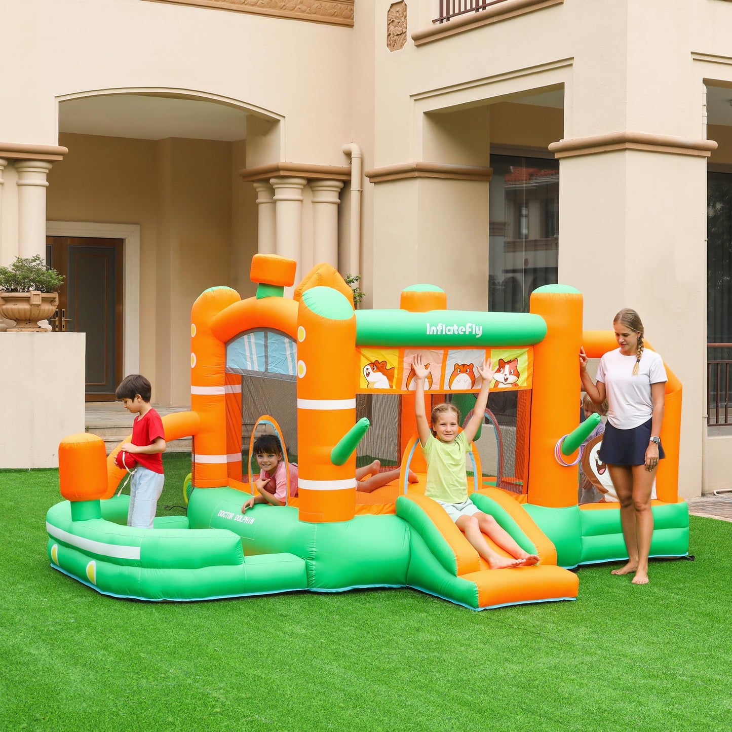 Inflatefly Bounce House Inflatable Slide Hamster Jumping Bouncer Kids Bouncy Castle With Blower For Wet And Dry