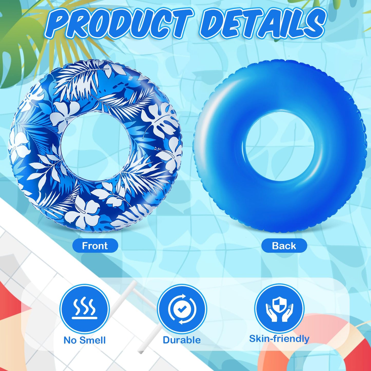 Motionchic Jumbo Float Tube 47.24 Inches Inflatable Pool Floats Large Pool Tube Tropical Leaves Inflatable Tube Blue White Pool