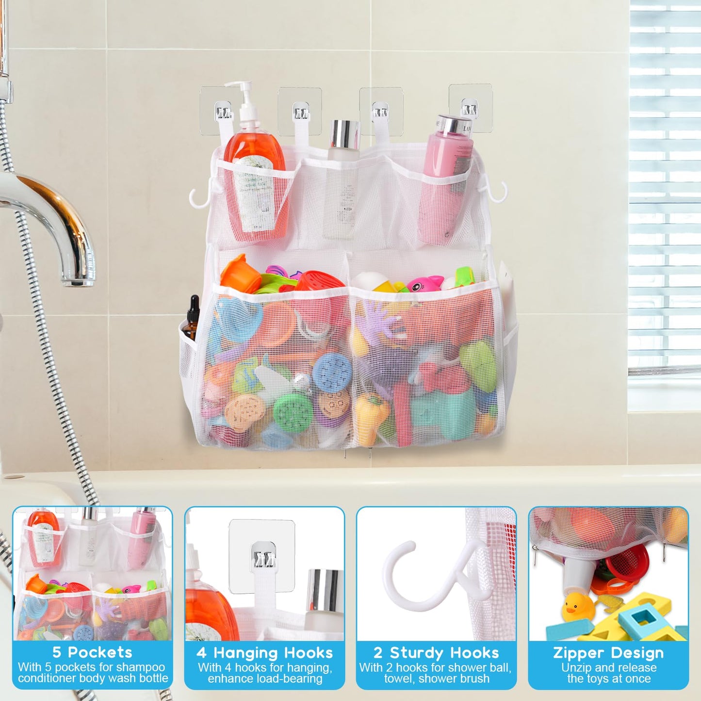 Docmon Bath Toy Storage, 2 Layers Large Capacity Bath Toy Holder, Quick Release Bathtub Toy Storage With Buttom Zipper, Mesh Sho