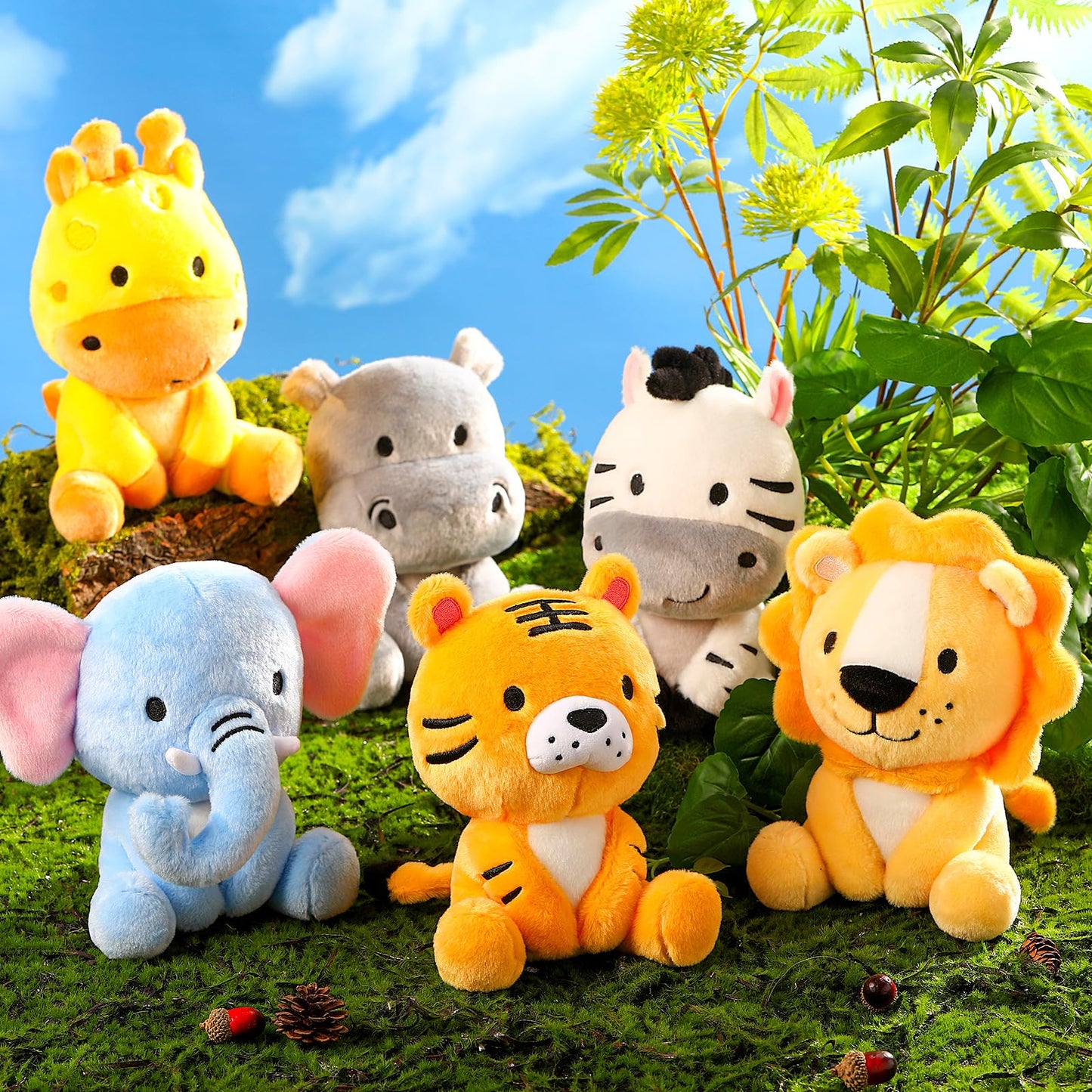 Roundfunny 6 Pcs Small Stuffed Safari Animals Bulk, 7 Inch Jungle Animals Stuffed Toys, Adorable Plush Lion Zebra Giraffe Tiger