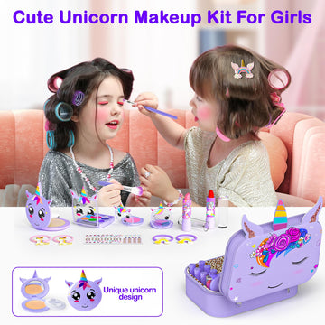 Kids Makeup Kit for Girl - 2 In 1 Kids Washable Makeup Toys & Nail Art Kit with Unicorn Cosmetic Case, Kids Play makeup for Girl