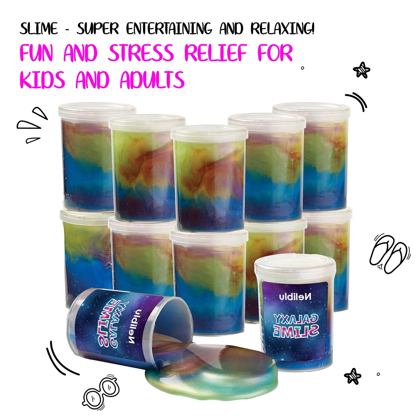 Neliblu Galaxy Slime Kit - 12 Pack 4 oz Marble Rainbow Slime - Fun DIY Party Favors for Kids, Goodie Bag Stuffers, Model GSP12
