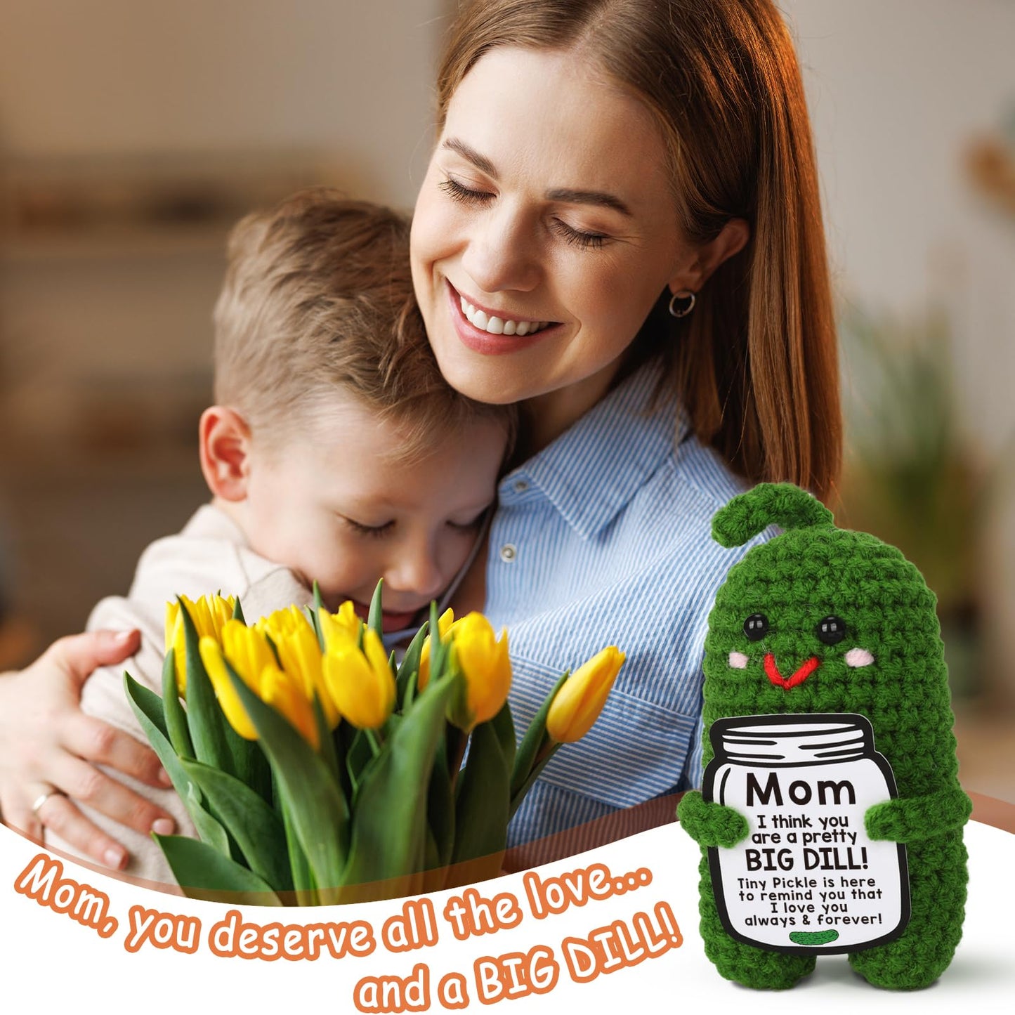 Mothers Day Gift for Mom from Daughter or Son - Funny Crochet Pickle Plush with Heart Card, Cute Handmade Present, Unique Stocki