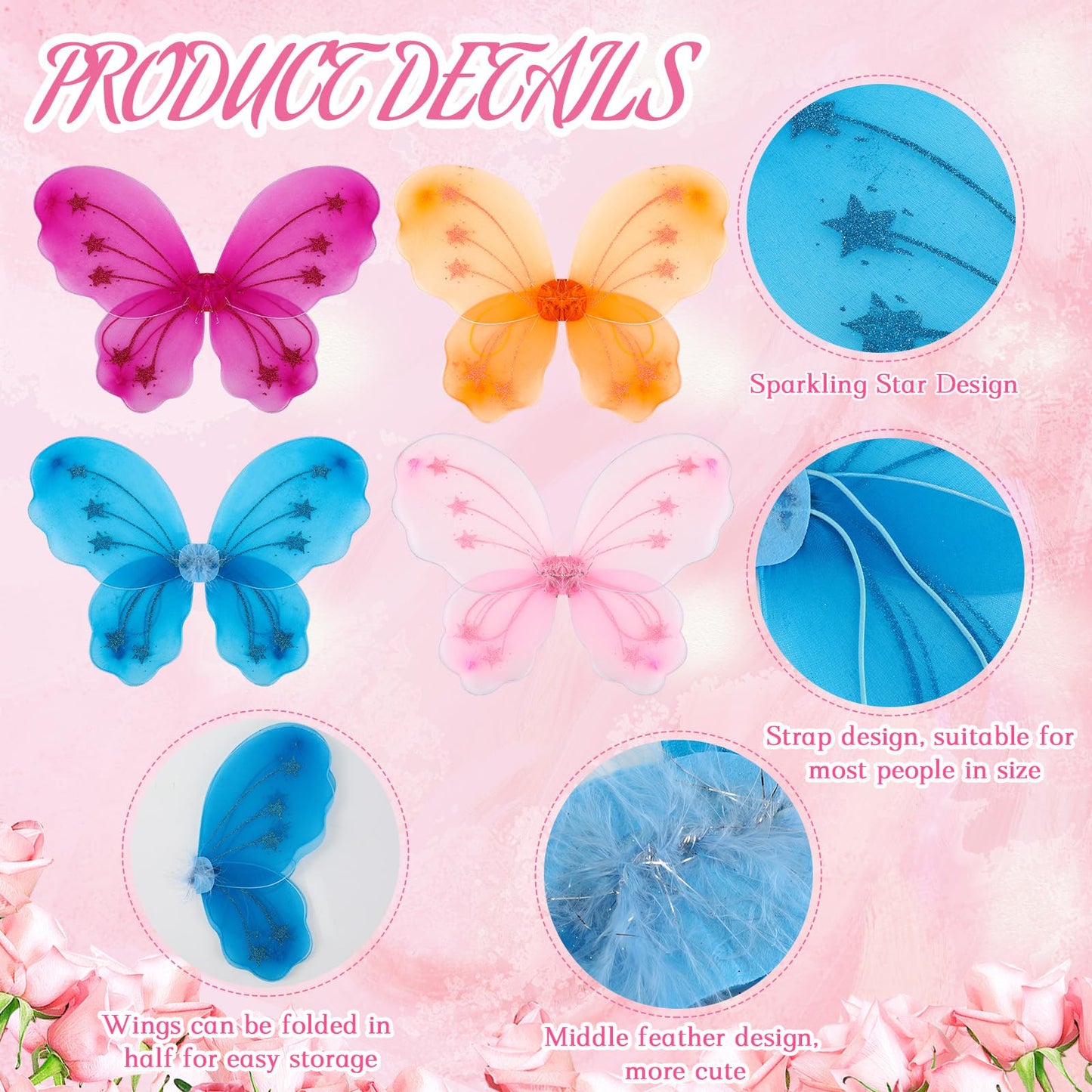Chivao 15 Set Princess Fairy Wings Set 15 Pcs Butterfly Wings For Girls Butterfly Angel Wings 15 Pcs Fairy Wands Butterfly Costume For Girls Kids Christmas Dress Up Role Play (Colorful)