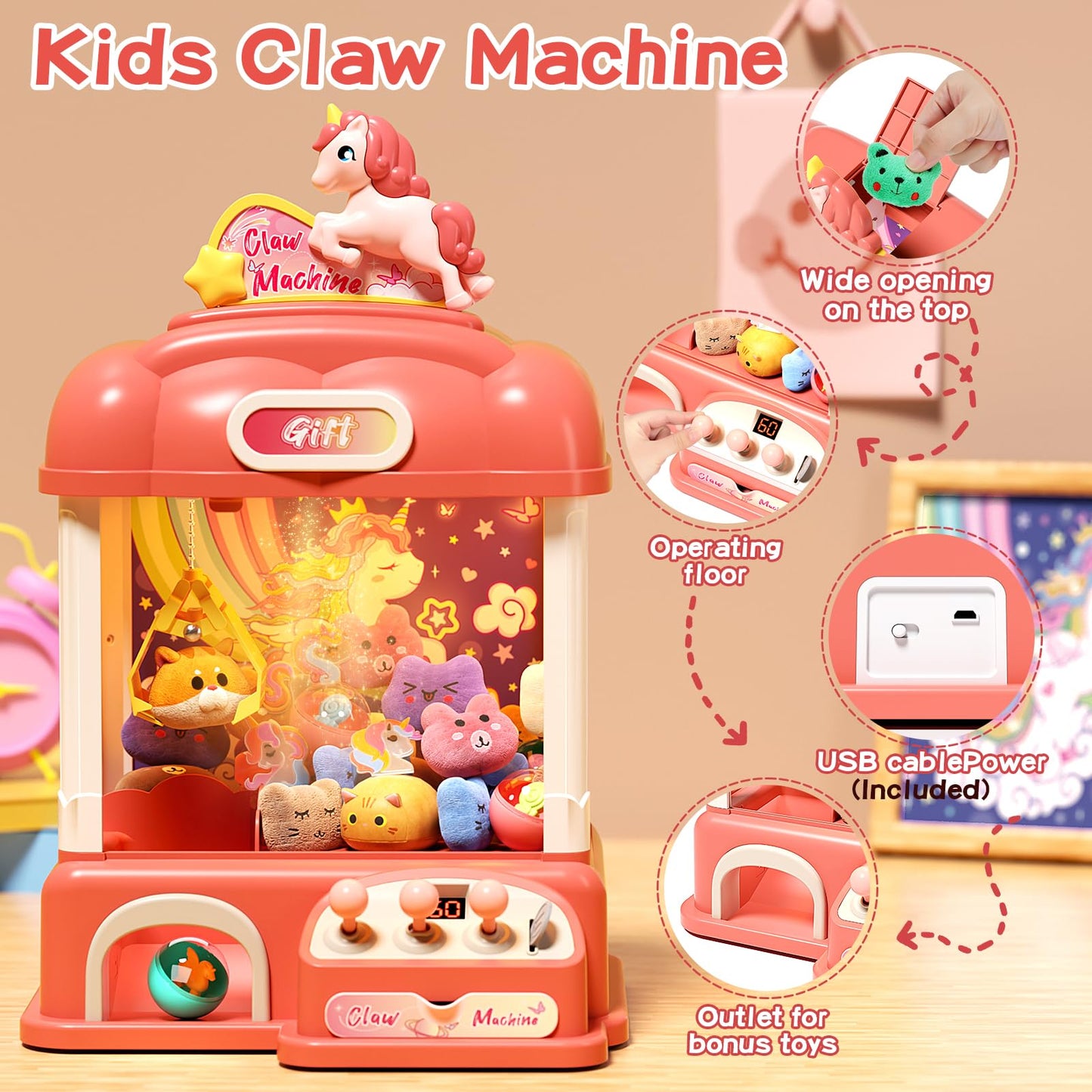 AIQI 60 PCS Large Unicorn Kids Claw Machine, Vending Claw Machine with Lights Sound, Candy and Prize Electronic Dispenser Game T