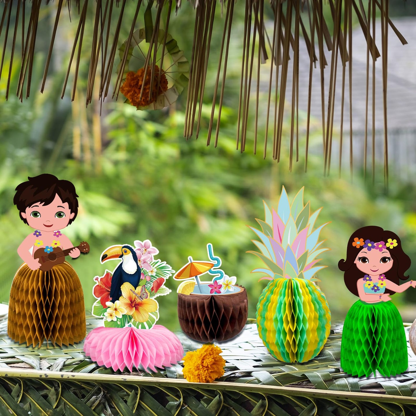 12Pcs Hawaiian Luau Party Table Decorations - Double Sided Aloha Flamingo Honeycomb Centerpieces Table Decorations For Hawaiian Tiki Birthday Wedding Pool Party Supplies