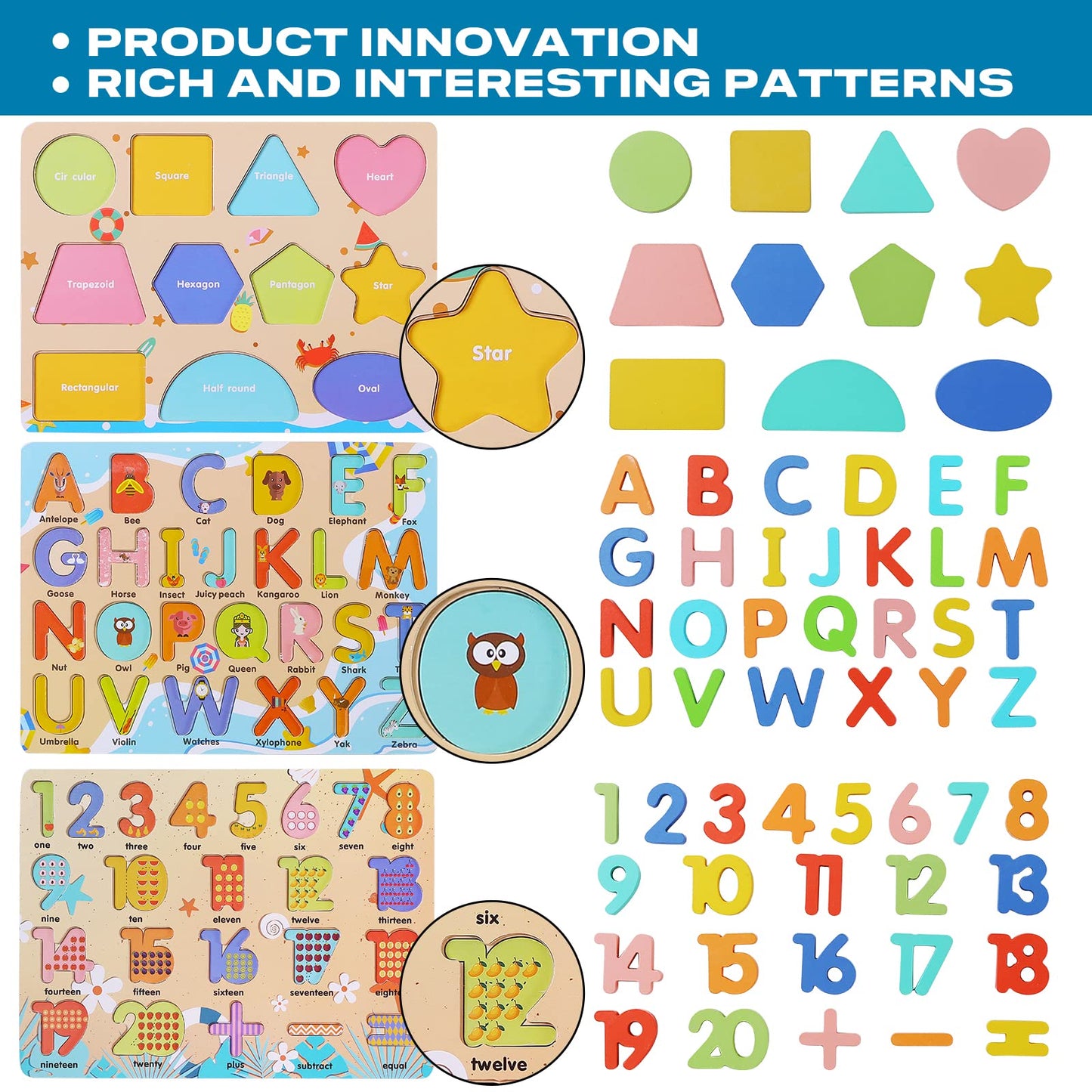 Wooden Puzzles For Toddlers, Voamuw Alphabet Number Shape Learning Education Preschool Toys For Kids Ages 3-6 Years Old (Set Of