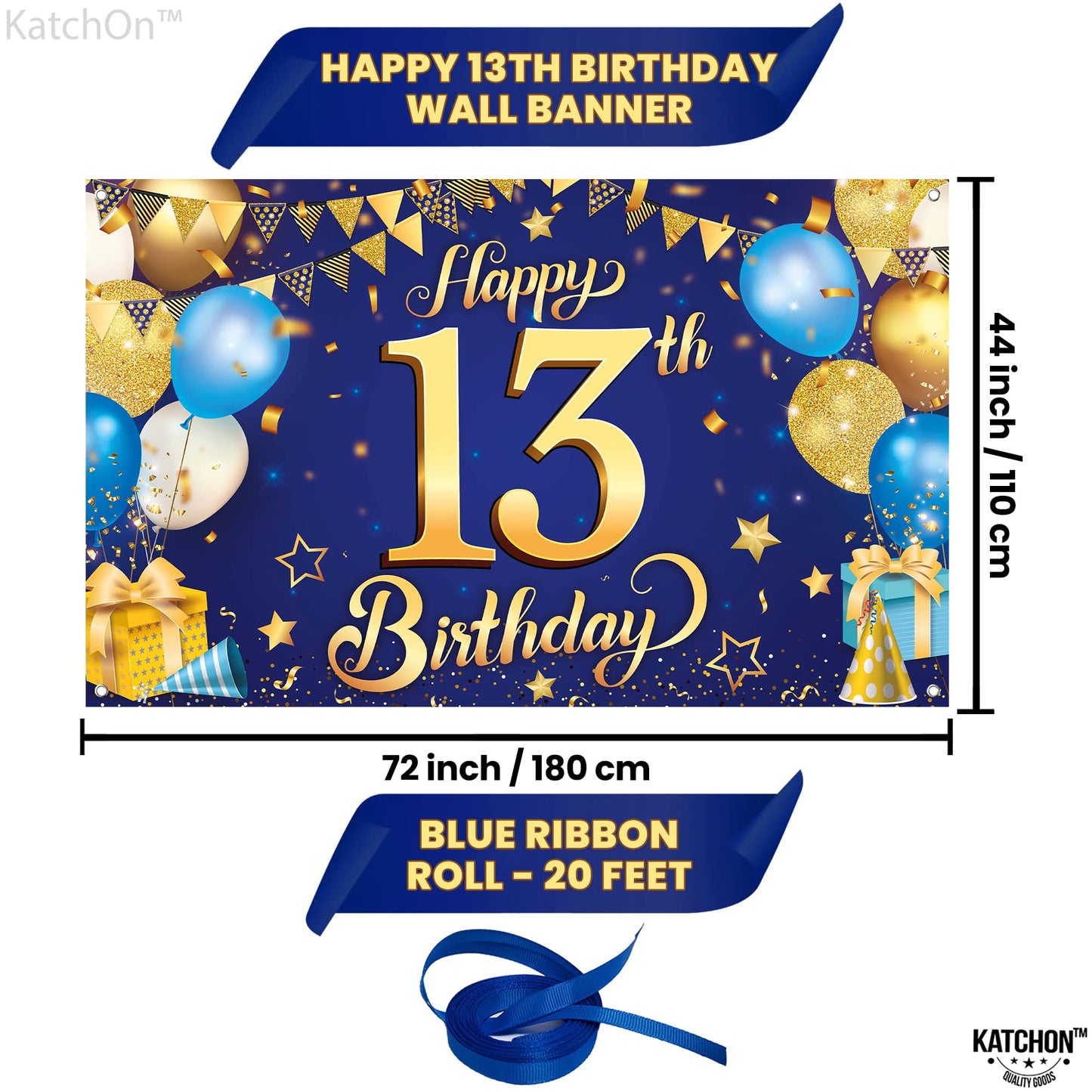 Katchon, Xtralarge Blue And Gold Happy 13Th Birthday Banner - 72X44 Inch | Blue Happy 13Th Birthday Backdrop, 13Th Birthday Decorations For Boys | Blue And Gold 13Th Birthday Party Decorations Boy