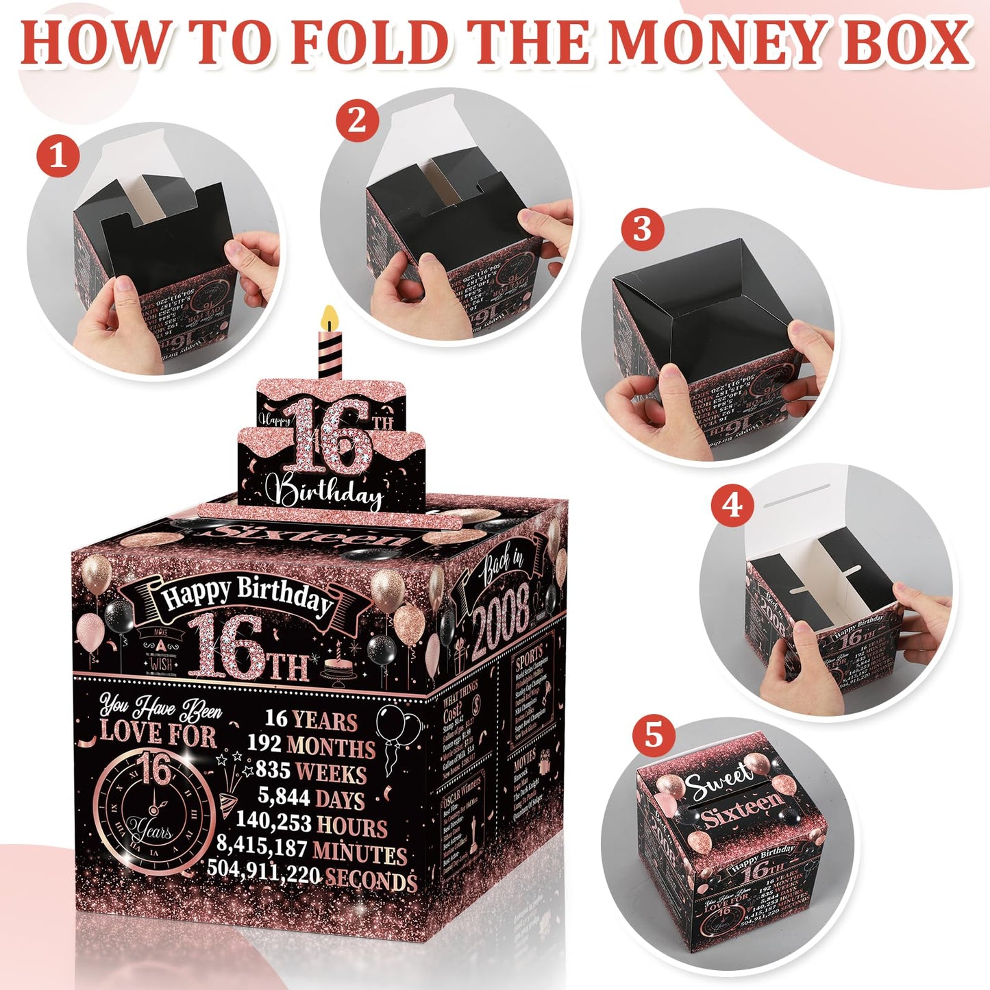 Sereliy Sweet 16th Birthday Decorations for Girls Money Gift Box for Cash Gift Pull, Black Pink Money Gift Boxes Sweet Sixteen P
