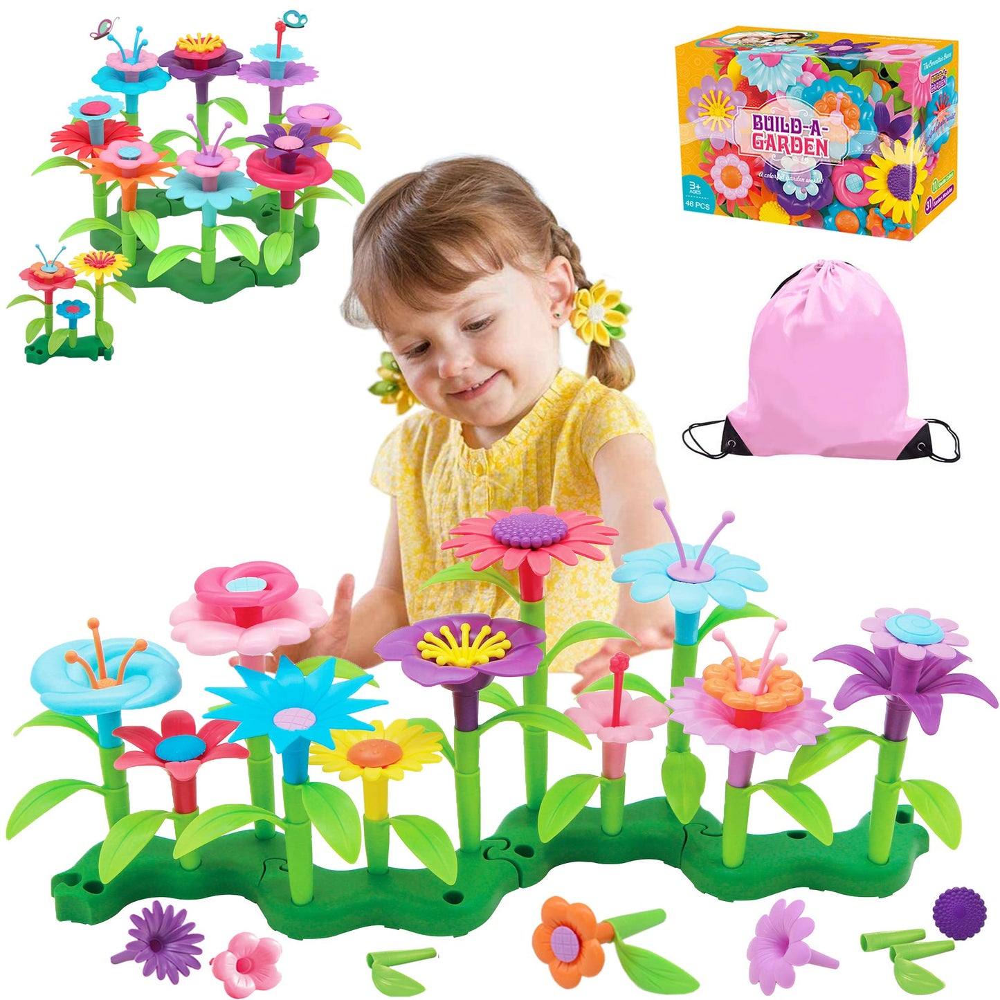 Flyingseeds 46 Pcs Flower Garden Building Toys For Girls, Stem Toy Gardening Pretend Play Set For Kids, Girls Favor Stacking Game For Toddlers, Preschooler Age 3 4 5 6 7 8 Year Old
