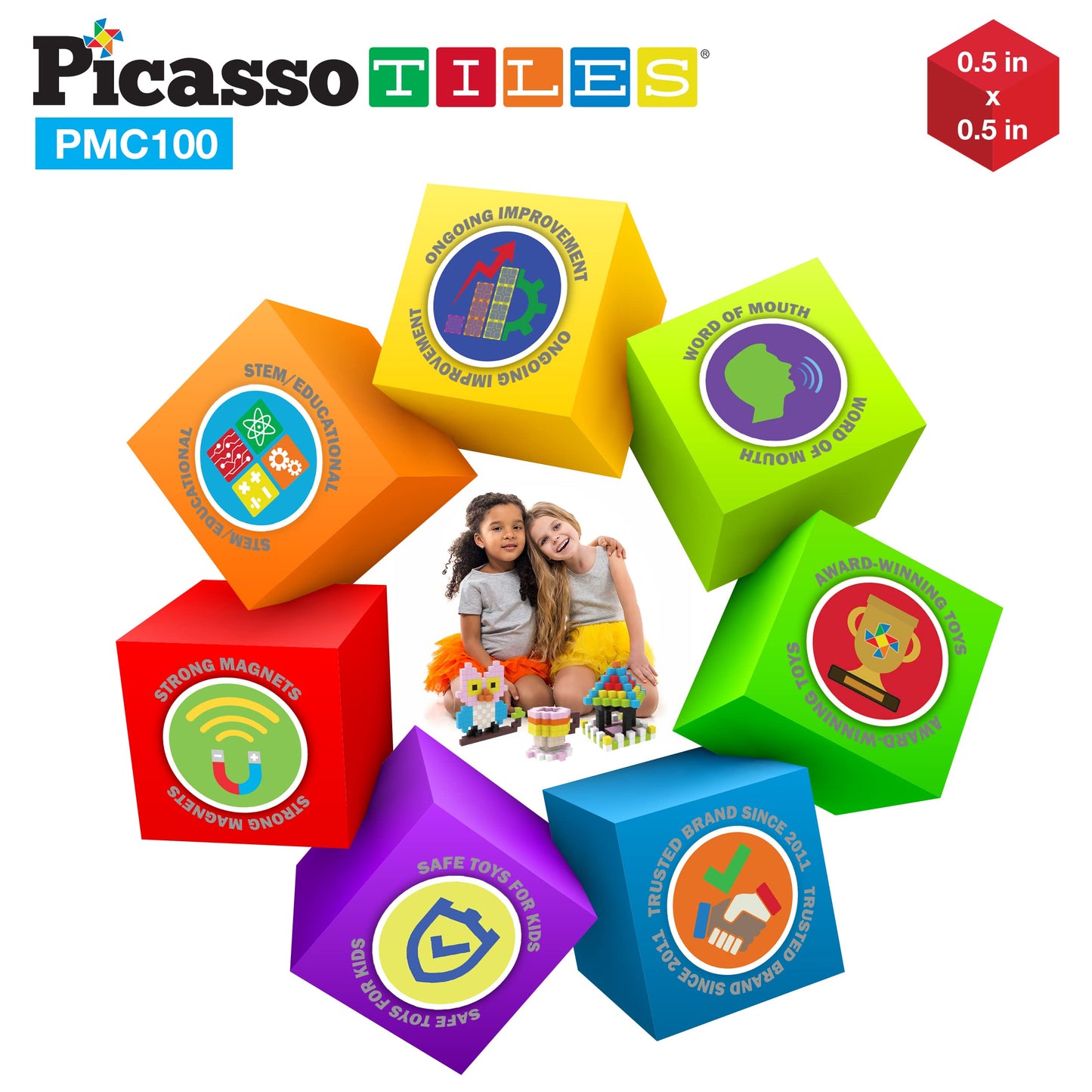 Picassotiles 0.5 Pixel Magnetic Puzzle Cube 100 Piece Mix & Match Cubes Sensory Toys Steam Education Learning Building Block