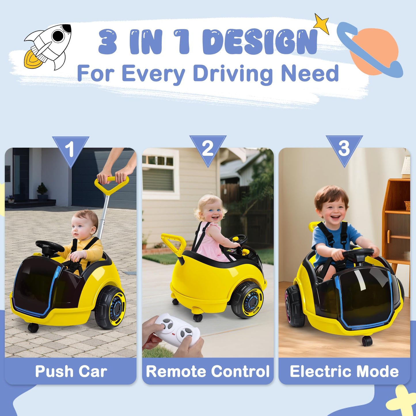 Anpabo 3-In-1 Electric Push Ride On Car, 12V Kids Ride On Toy W/Remote Control, 360 Spin, 5-Point Safety Belt, Colorful Led Ligh