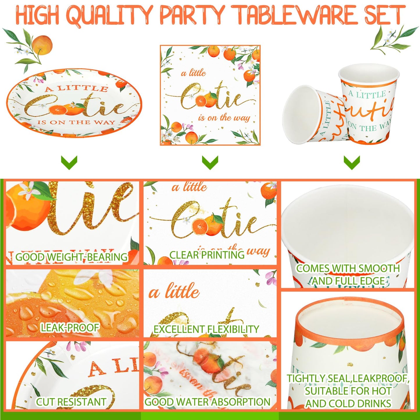 200 Pcs Little Cutie Baby Shower Paper Plates Napkins Cups Orange Baby Shower Party Supplies Tableware Set Orange Disposable Cup
