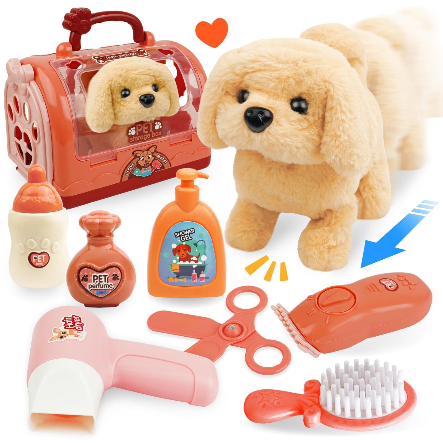 Bellochiddo Walking Dog Toys For Kids - Electronic Puppy With Animated Walking Wag Tail, Storage Cage And Accessories, Interactive Pet Care Gifts For Toddlers 2 3 4 5 6