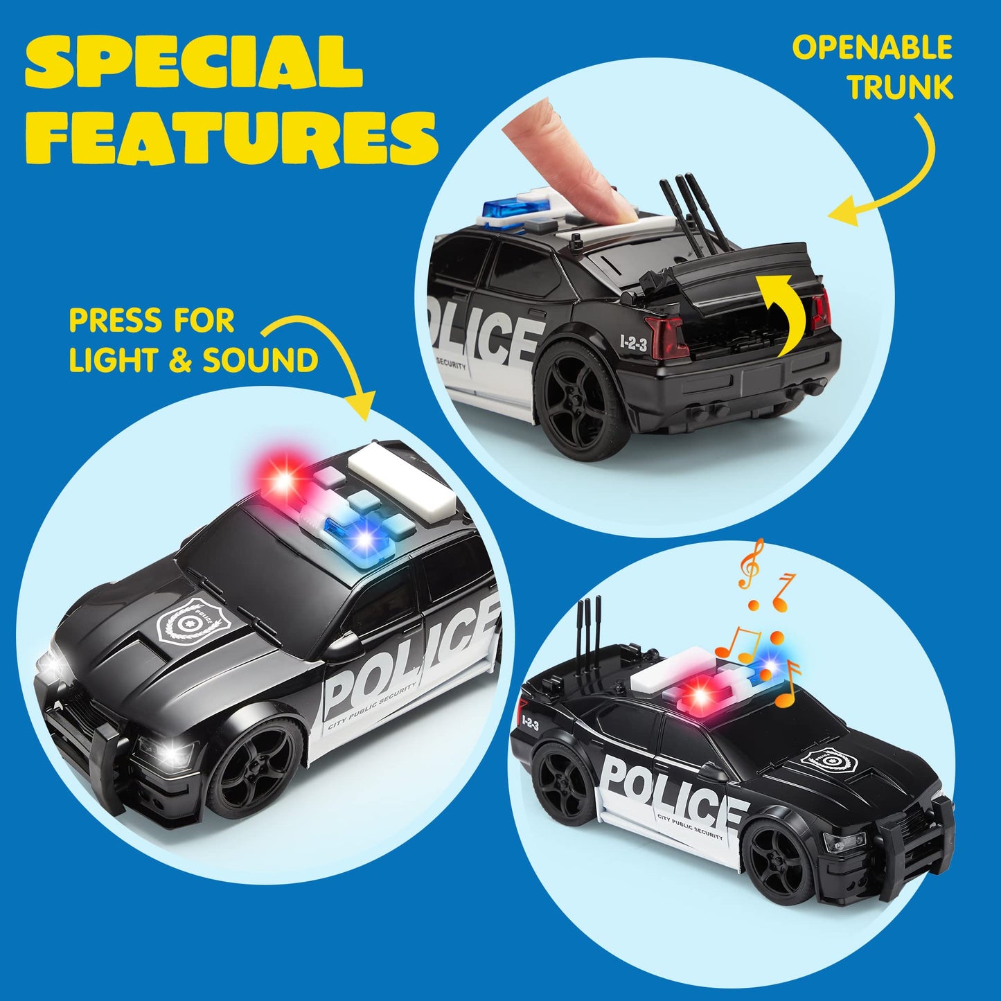 JOYIN 4 Packs Emergency Vehicle Toy Playsets, Friction Powered Vehicles with Light and Sound, Including Fire Truck, Ambulance, P