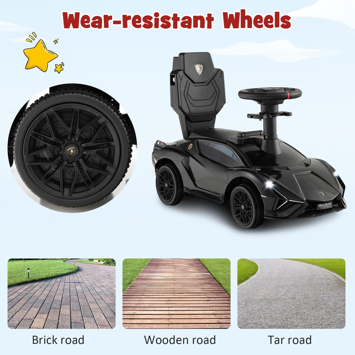 Infans 3 In 1 Ride On Push Car, Licensed Lamborghini Baby Stroller Sliding Walking Car With Push Handle, Music, Usb, Headlight, Under Seat Storage, Kids Foot-To-Floor Toy For 18-60 Months (Black)