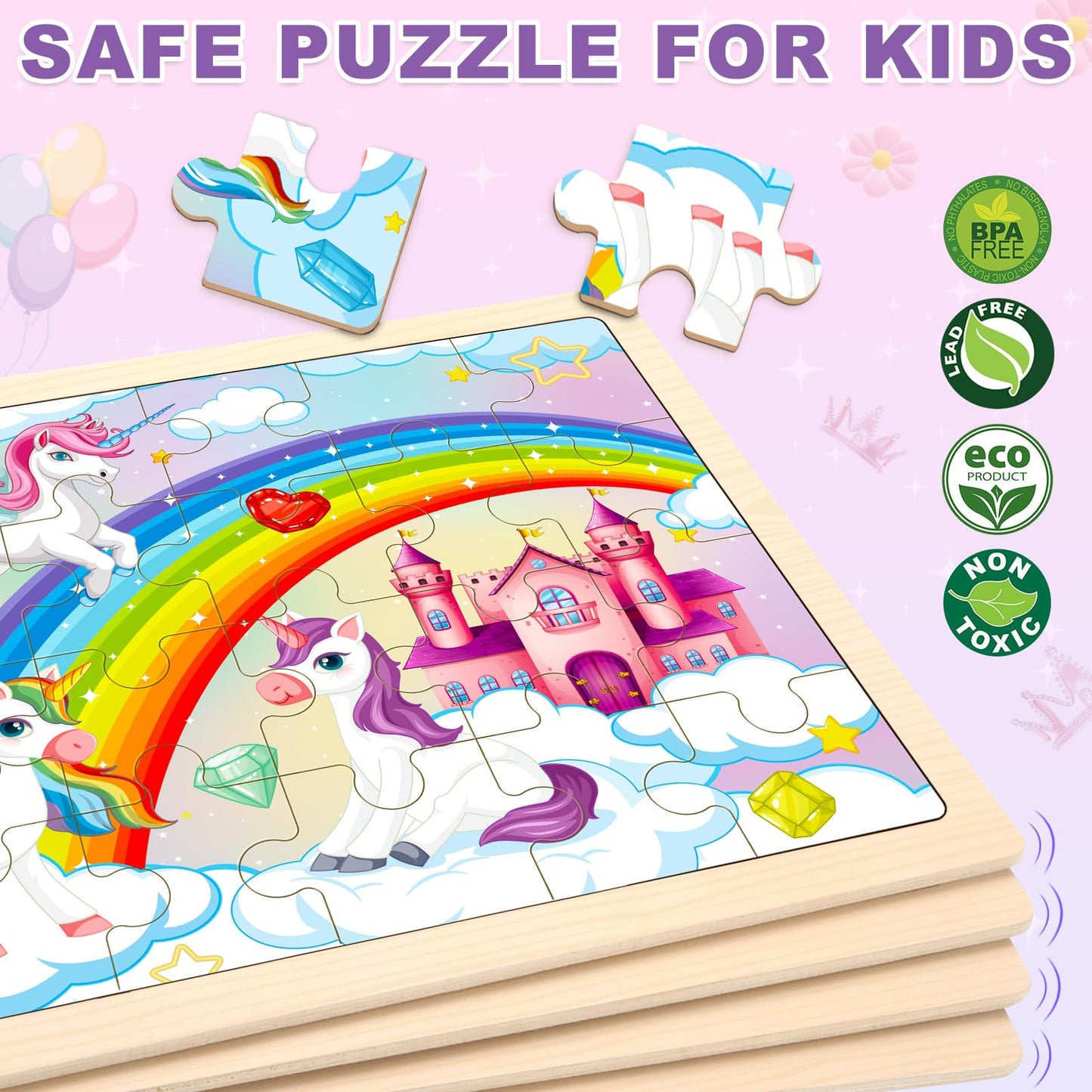 Princess Unicorn Mermaid Fairy Puzzles For Kids Ages 4-6, 4 Packs Wooden Jigsaw Puzzles For Toddlers Girls 2-4, Preschool Educat