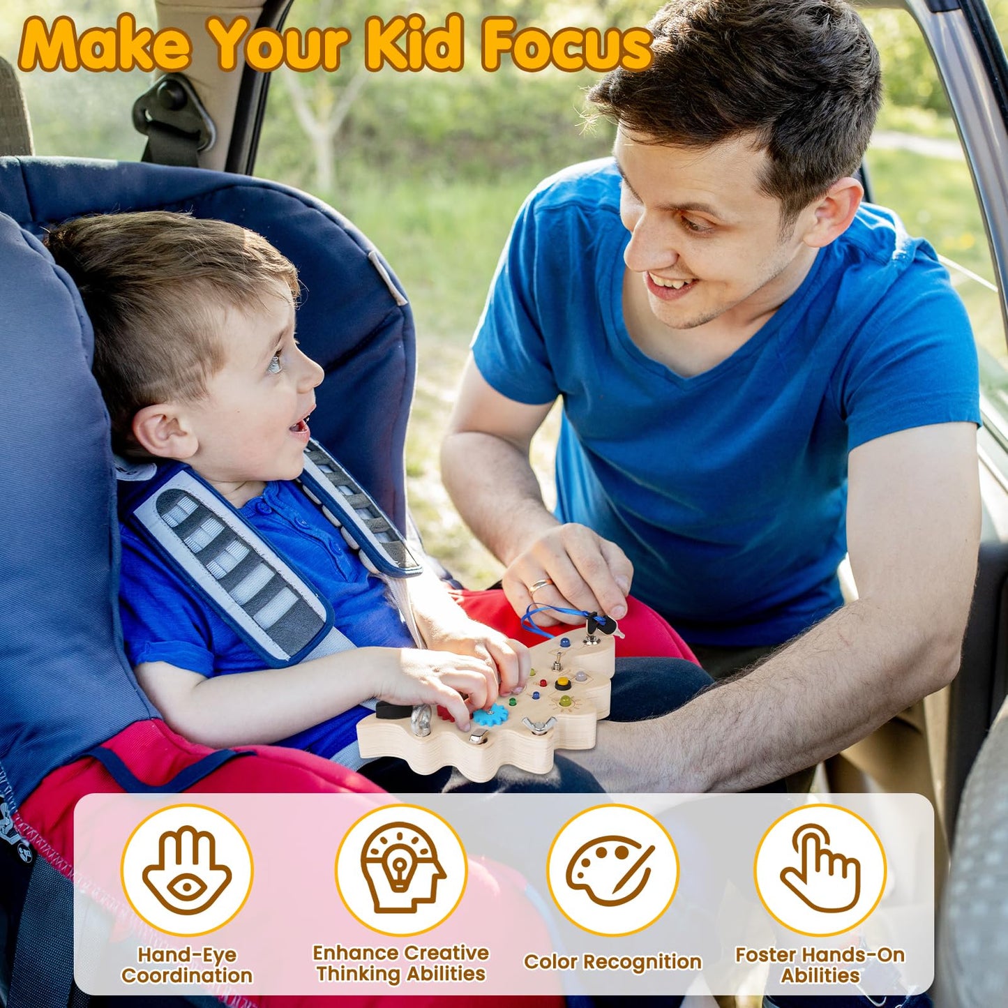 Mindpal Busy Board, Montessori Toys For 3 Year Old, Baby Sensory Toys For Toddlers With 12 Led Light,Wooden Toddler Busy Board B