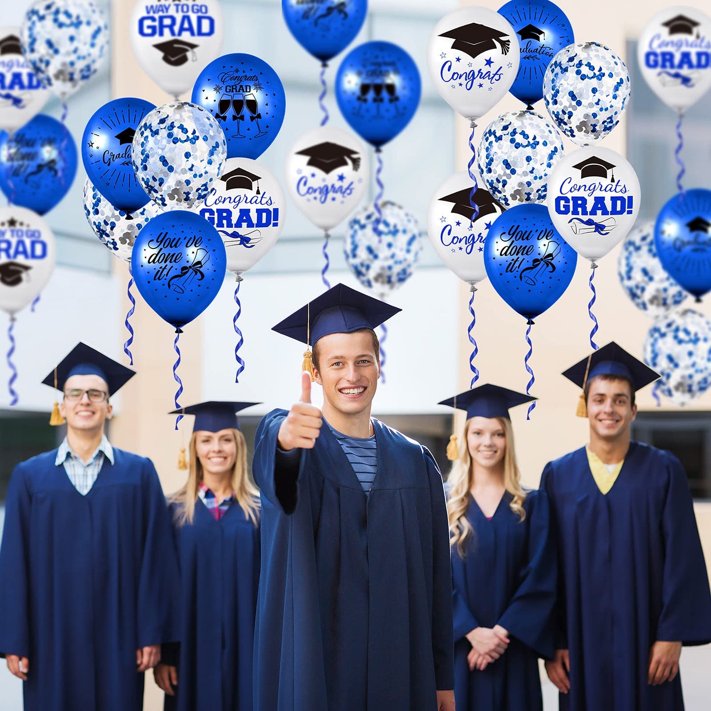 Whaline 60Pcs Graduation Party Balloon Set 7 Designs Blue White Confetti Latex Balloon With 2 Rolls Blue Ribbon Class Of 2024 Grad Cap Congrats Grad Balloon For Graduation Party Decoration Supplies