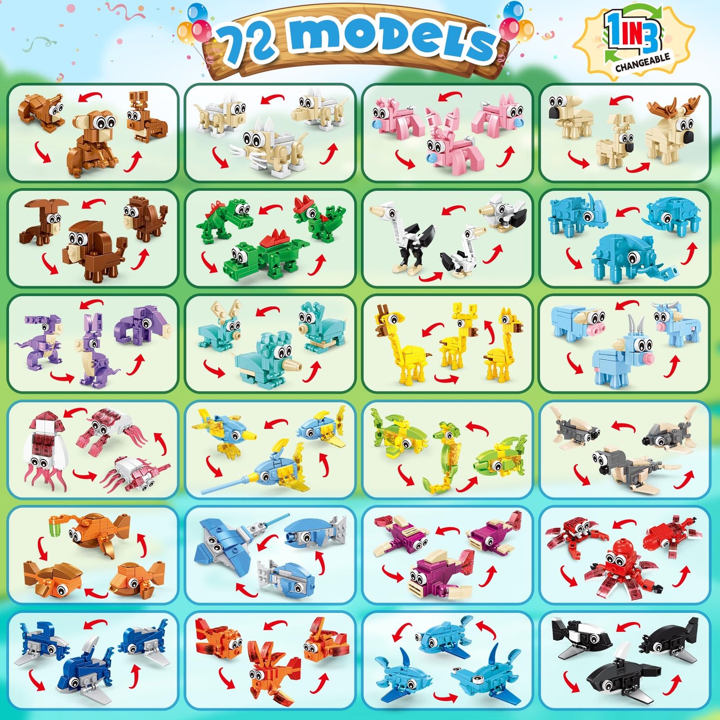 Imcuamk Building Sets 24 Packs Party Favors For Kids, 3 In 1, 72 Kinds Of Transformable Animal Building Block Toy, Goodie Bag St