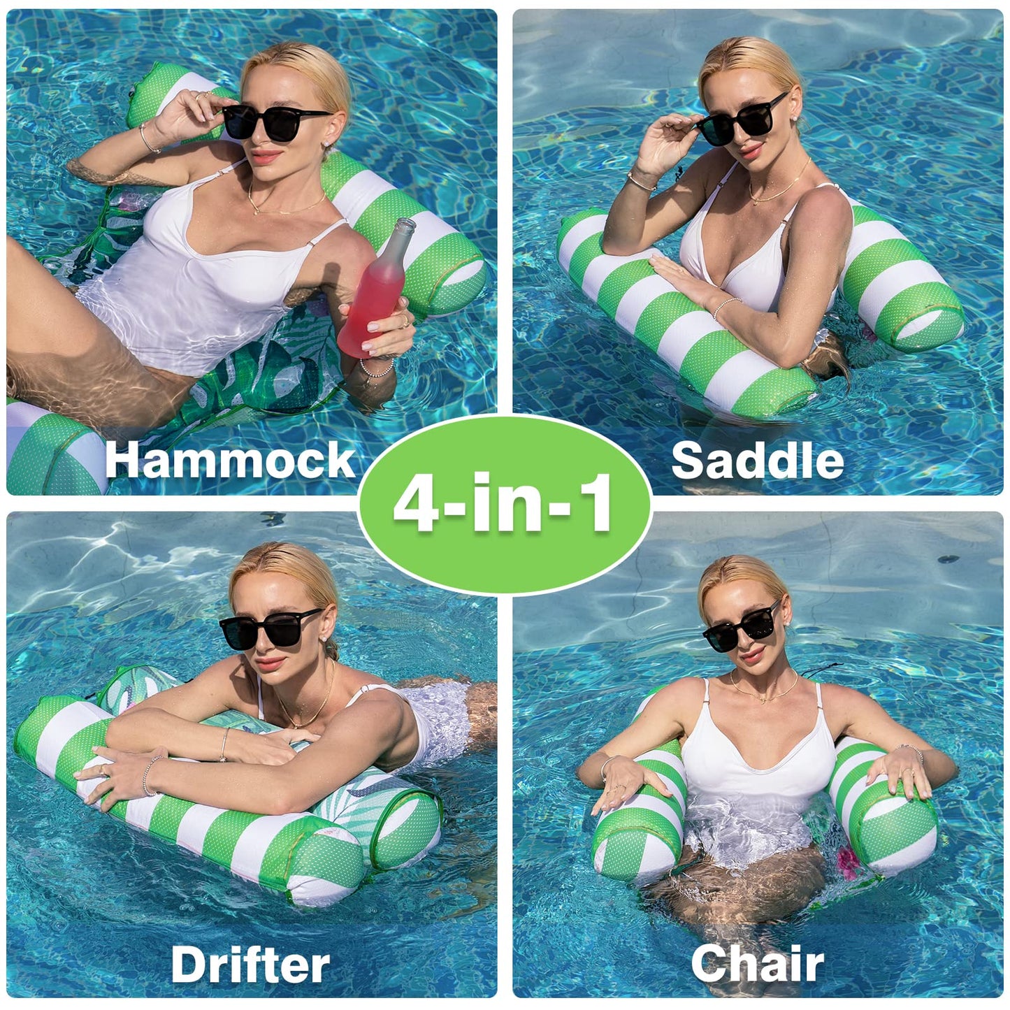 Wernnsai Water Hammock For Adults - Inflatable Pool Floats Green Pool Accessories 4-In-1 Saddle Lounge Chair Hammock Drifter Soft Mesh Green Plants Pool Float For Swimming Party Beach Sea Sunbathing