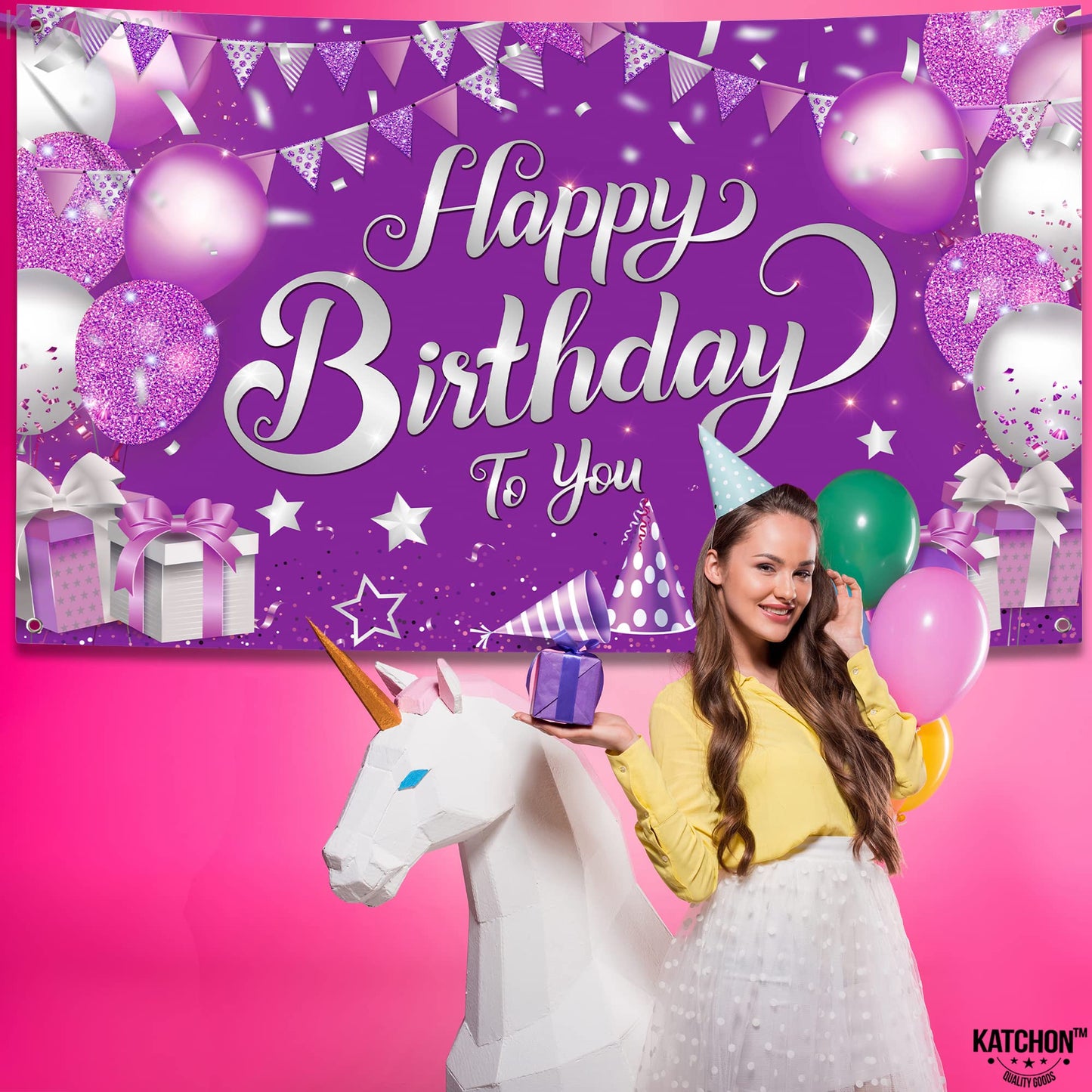 Katchon, Xtralarge Purple Happy Birthday Banner - 72X44 Inch | Purple Happy Birthday Backdrop | Happy Birthday Backdrop Purple For Birthday Decorations For Girls | Happy Birthday Sign For Backdrop