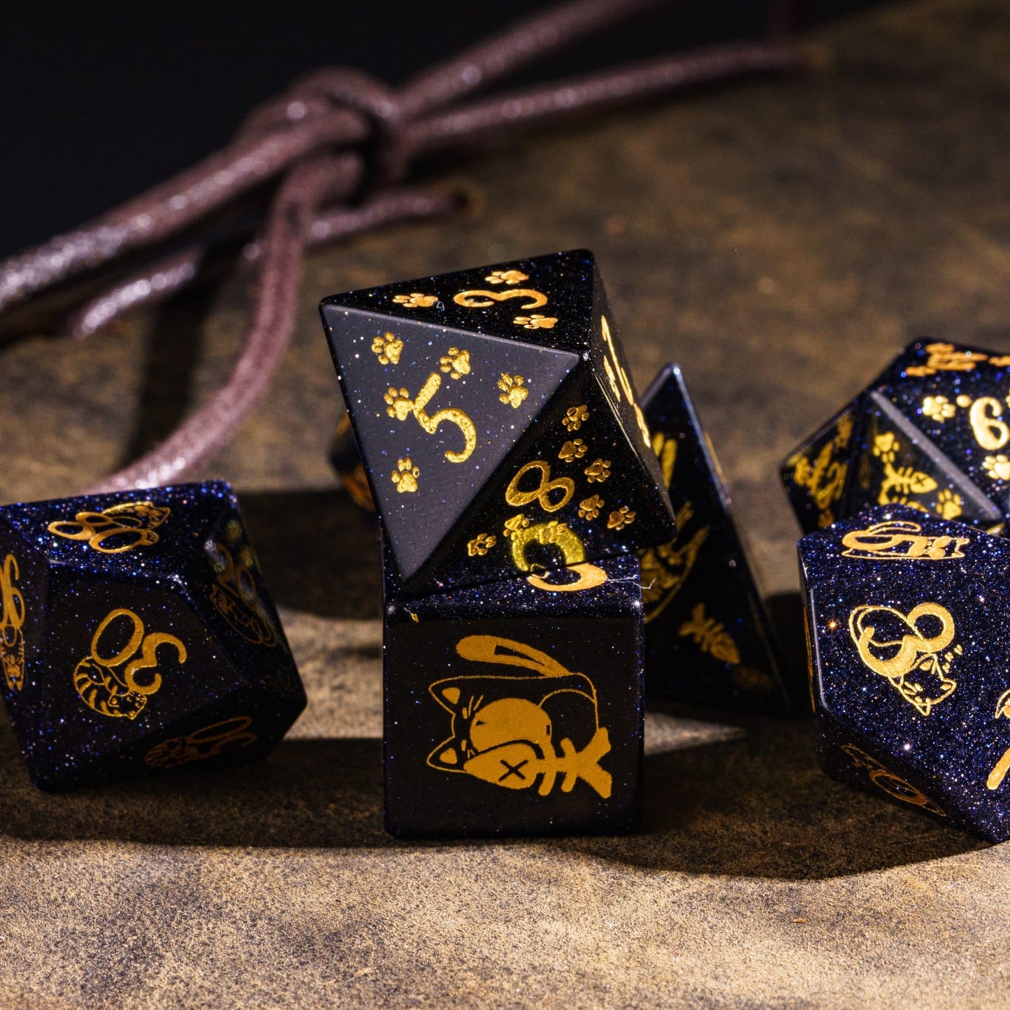 UDIXI Gemstone DND Dice Set Blue Sandstone Dice with Cute Cat Pattern, Stone Dice for Dungeons and Dragons Tabletop Game