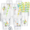 Foldtier 50 Pcs Science Cups 12 Oz Disposable Plastic Cups With Straws And Lids Science Clear Cup Birthday Cups Supplies Birthda